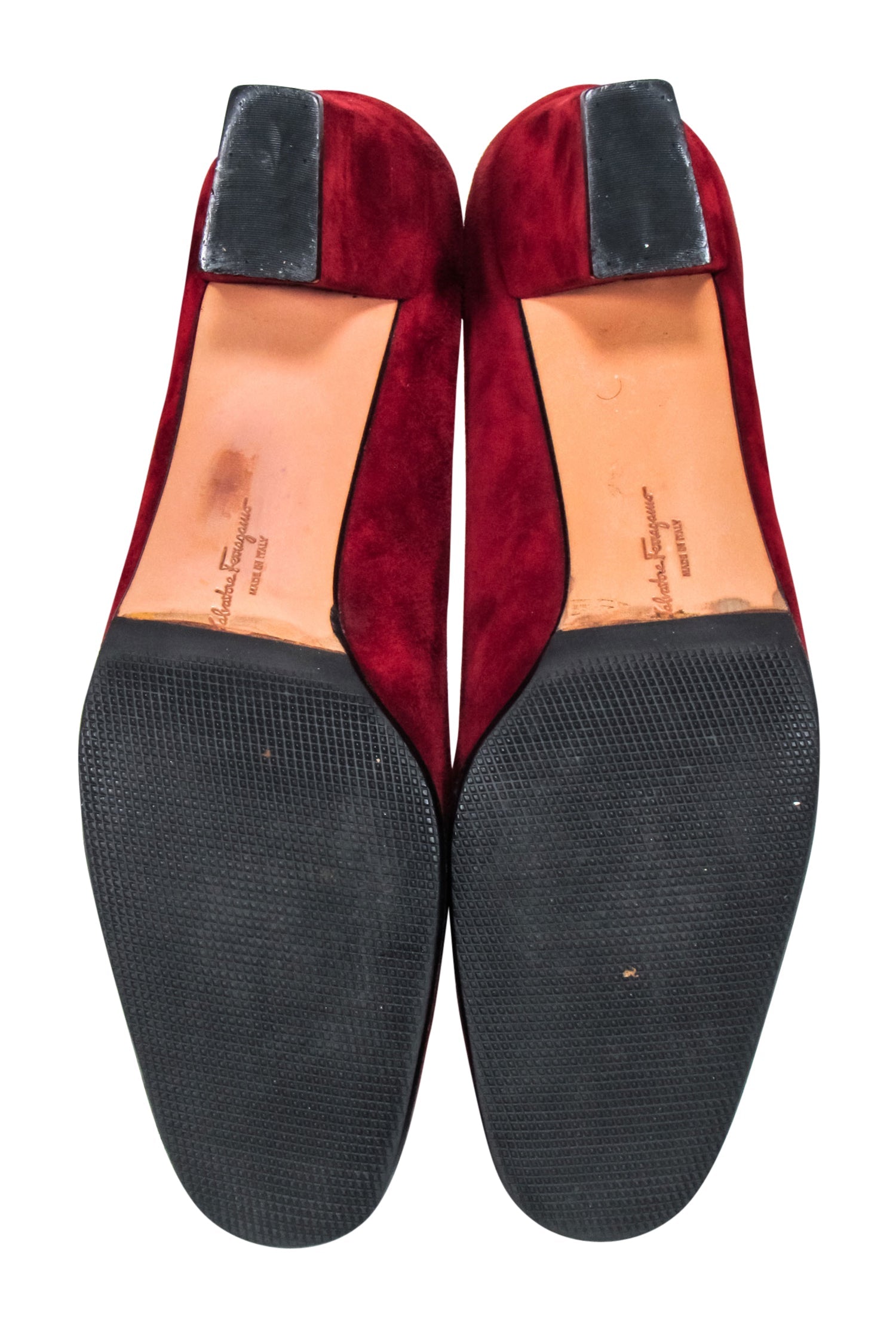 Ferragamo Red Calf Suede Pumps with Logo Stitching - Size 9.0