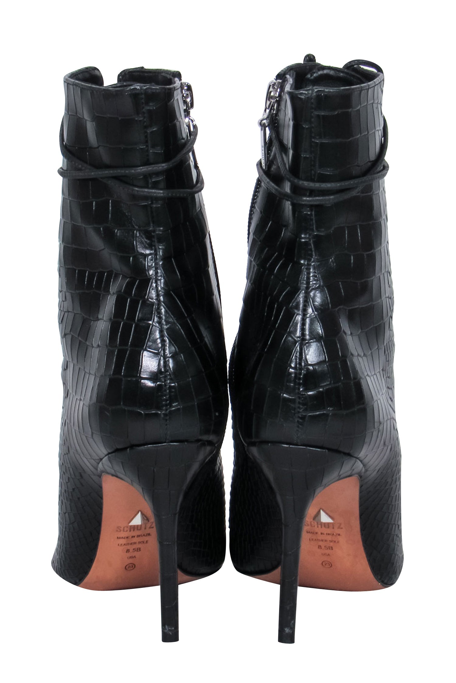 Schutz - Exquisite Black Leather Reptile Embossed Lace - Up Stiletto Booties Size 8.5