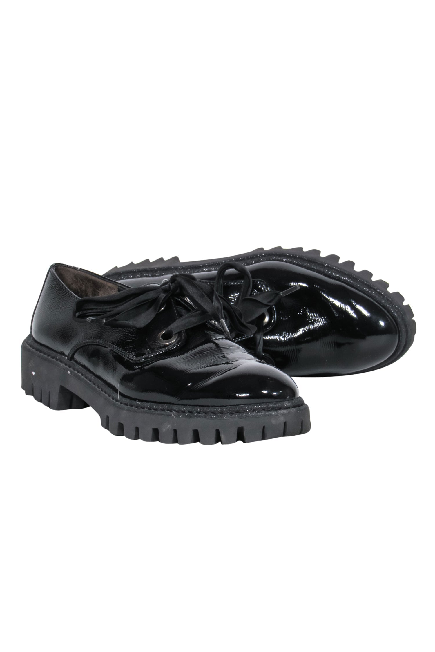 Paul Green Black Patent Leather Gem-Embellished Lace-Up Platform Loafers - Size 8
