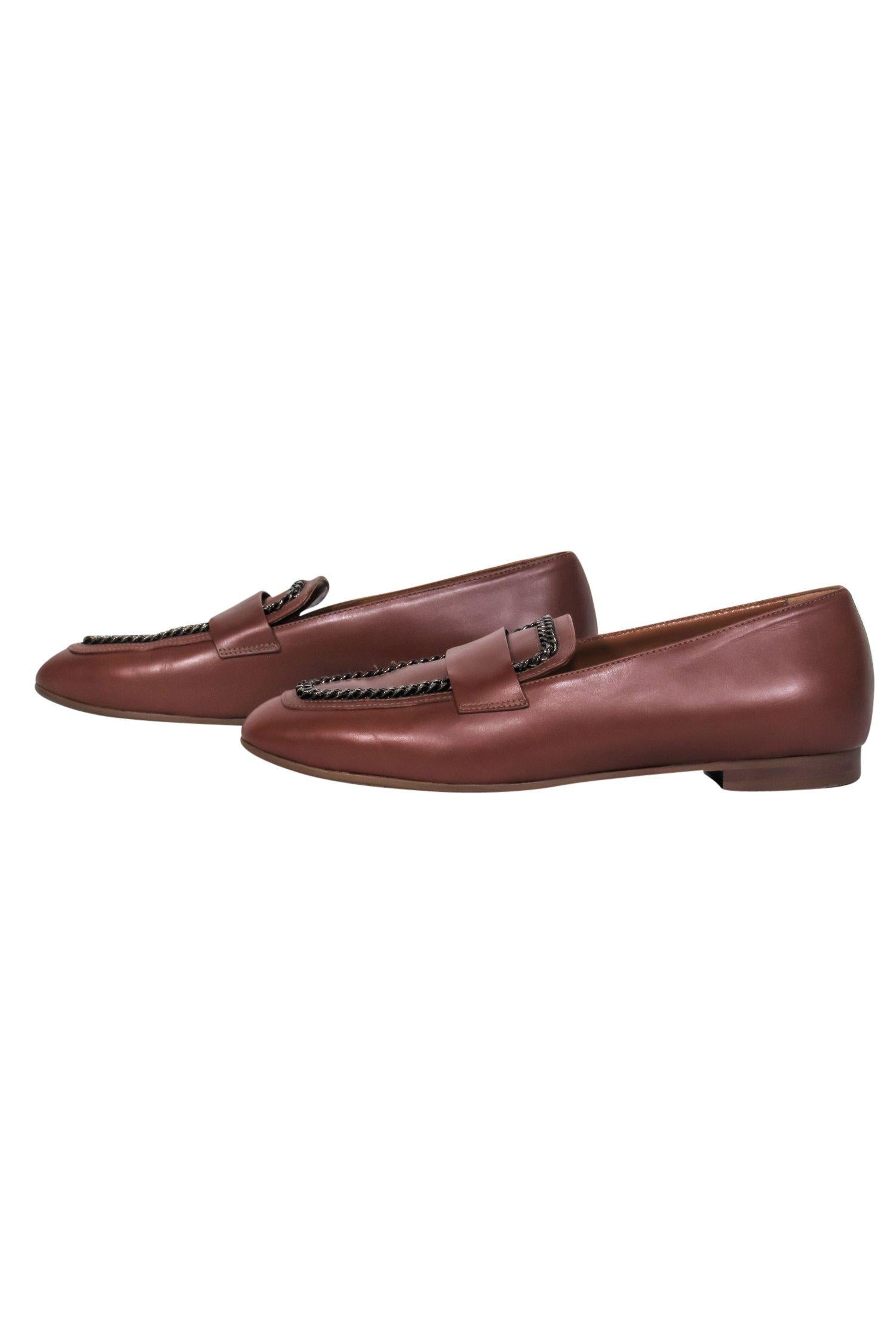 Aquatalia Brown Smooth Leather Chain-Trim Loafers - Size 9