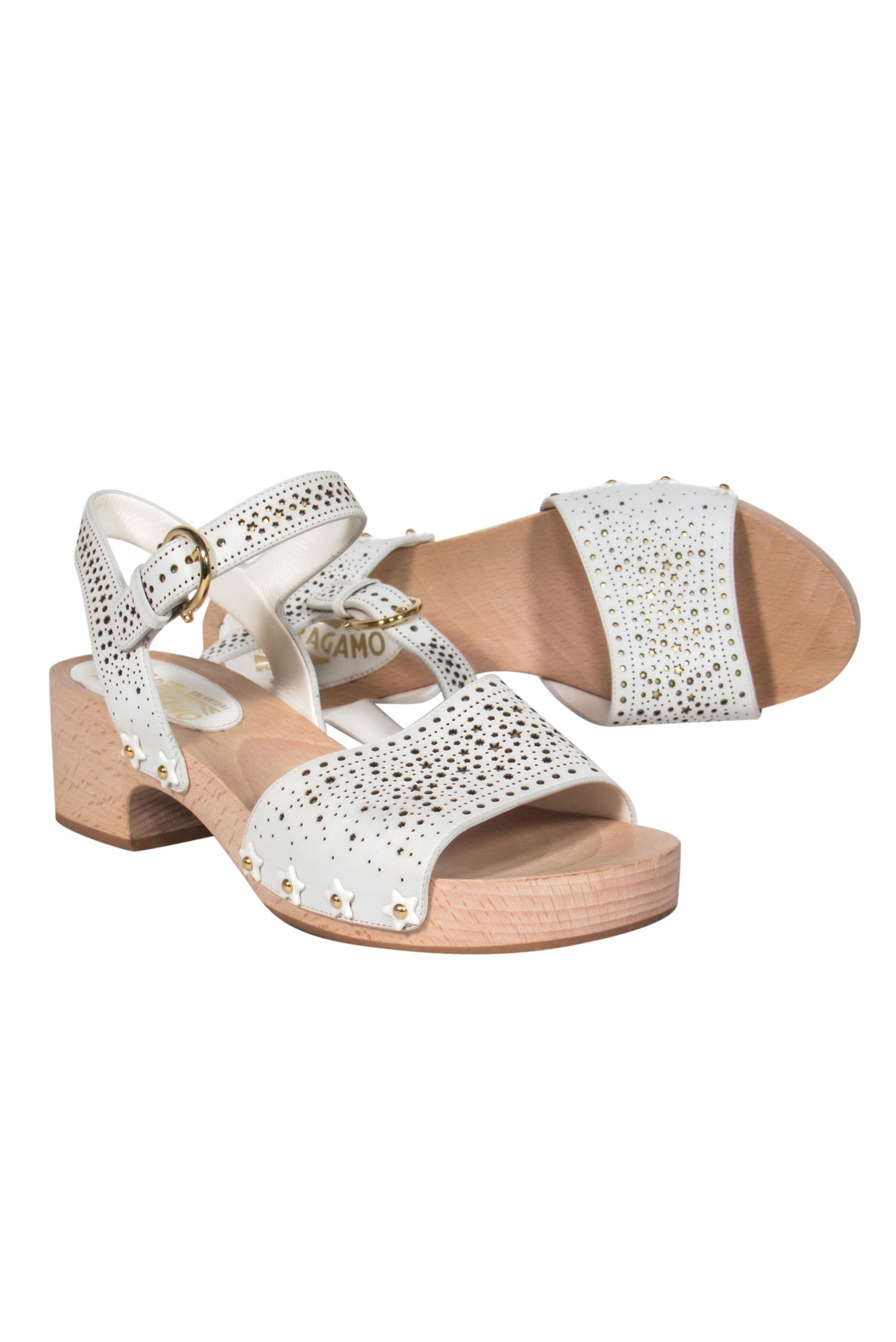 Ferragamo White Leather Clog Sandals with Golden Stars - Size 8