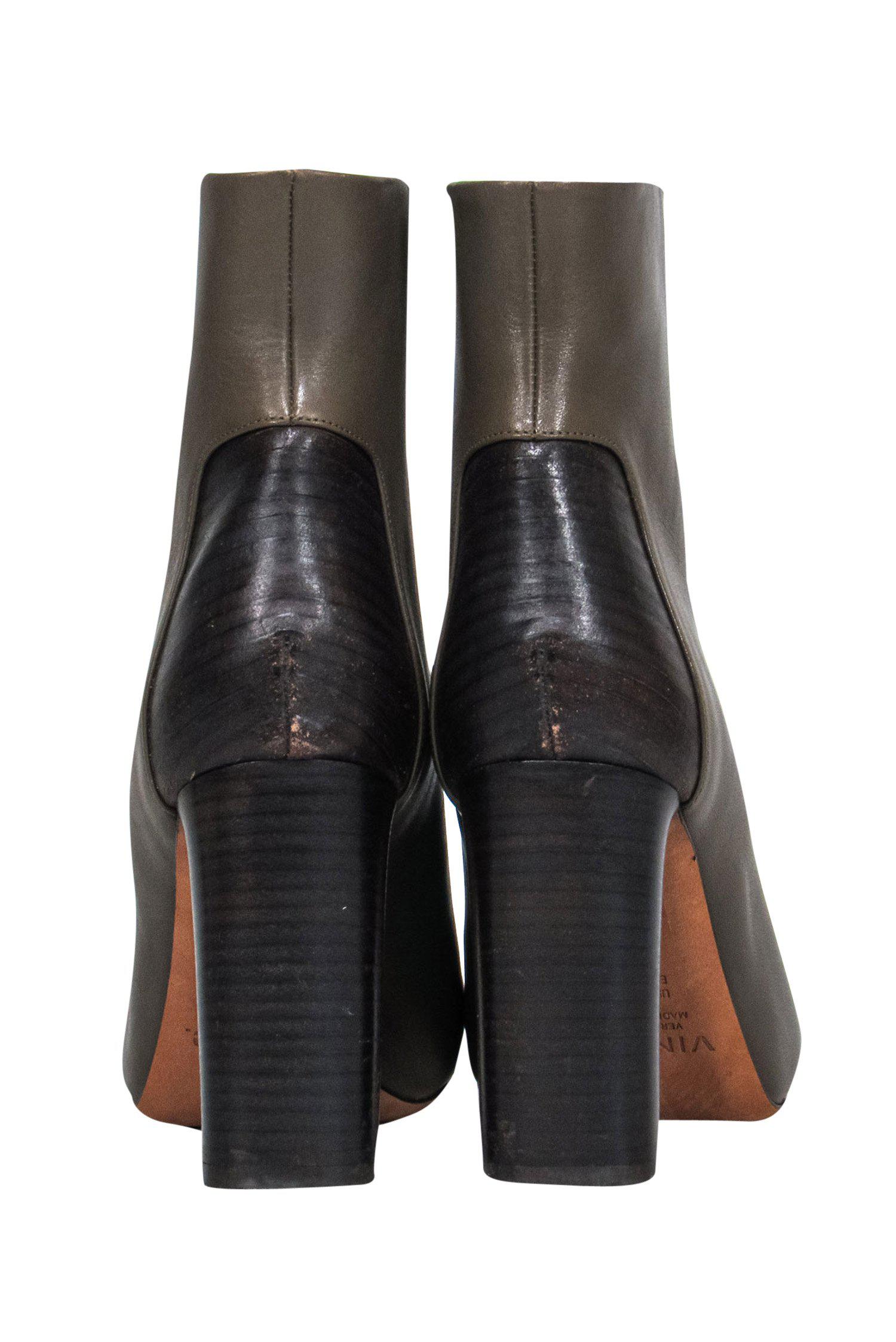 Vince Olive Green Leather Stacked Heel Booties - Size 9.5 - Stylish Fall Must-Have