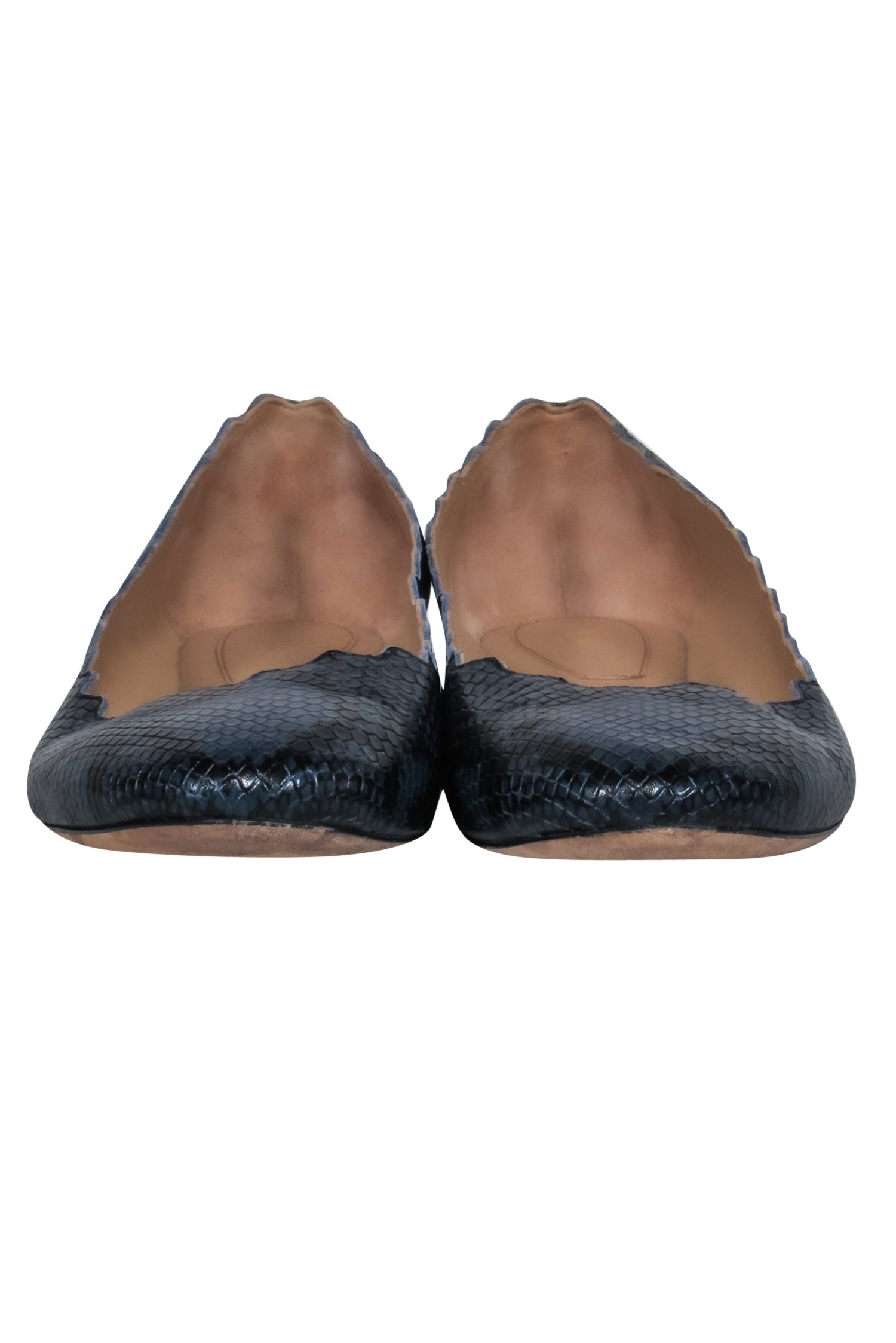 Chloe Navy Snakeskin Print Scalloped Flats - Size 9.5