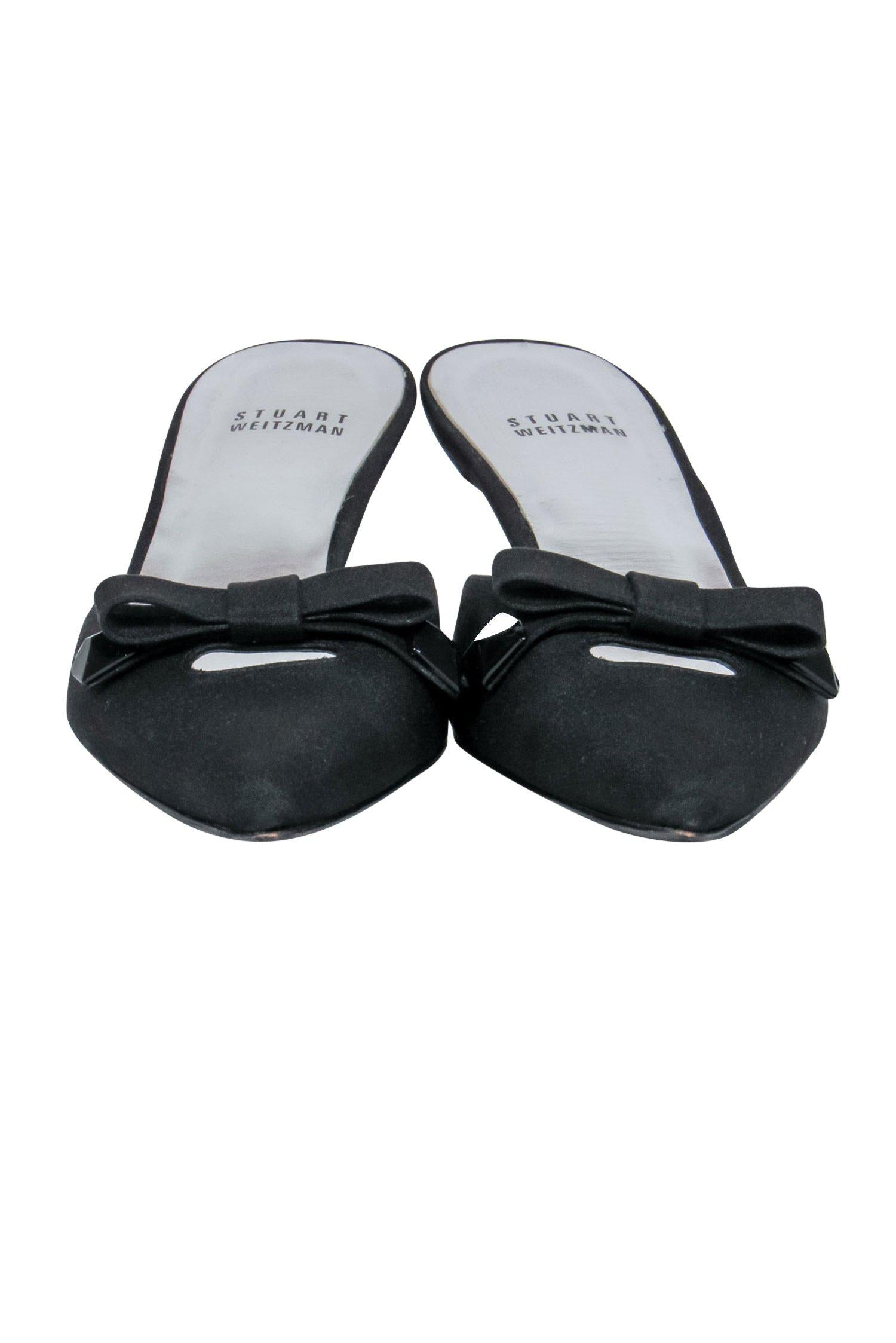 Stuart Weitzman Black Pointed Toe Kitten Heel Mules with Bows - Size 7.5: Add a Touch of Hollywood Glamour!