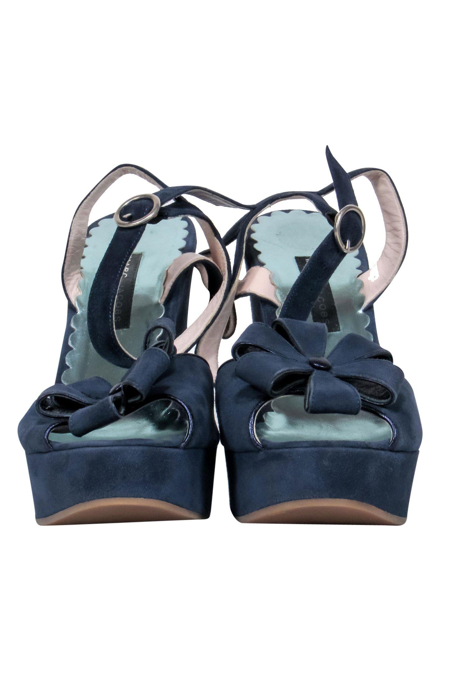 Marc Jacobs Navy Suede Flowered Platform Wedges - Size 6.5
