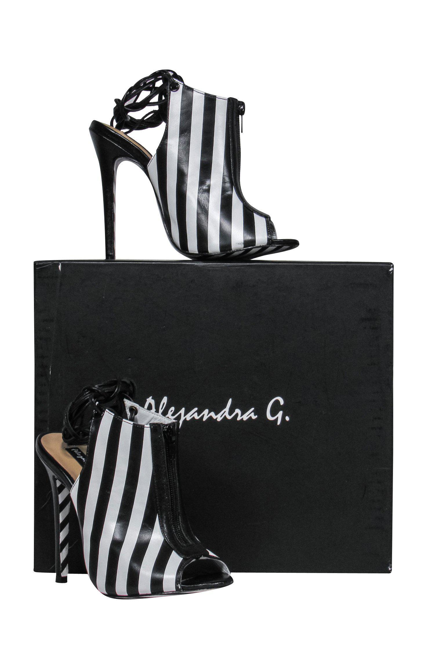 Alejandra G. Black & White Striped Peep - Toe Ariana Stilettos Size 6: Club - Ready Glam!