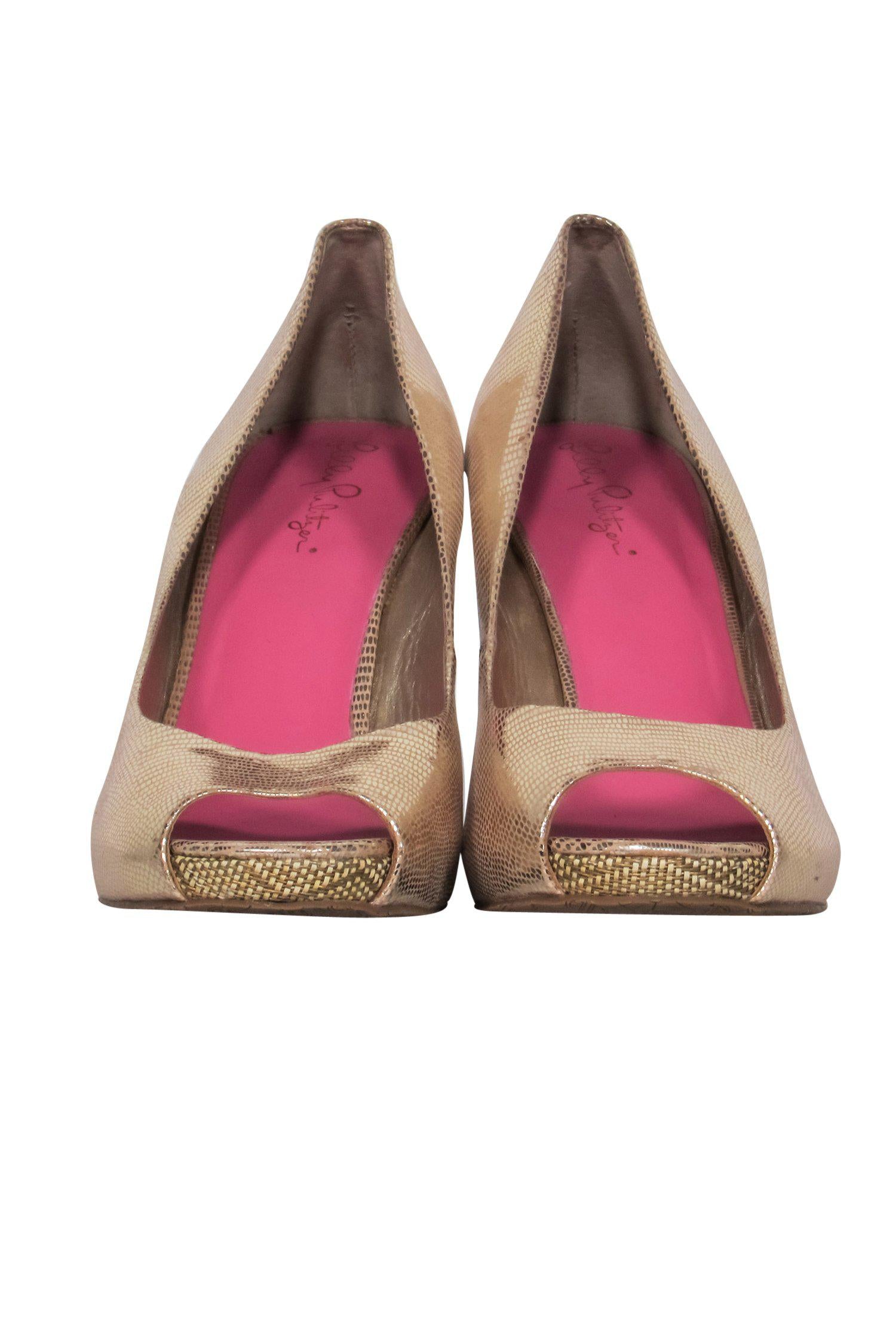 Lilly Pulitzer Gold Metallic Peep Toe Wedges - Size 10: Sparkle at Your Next Event!