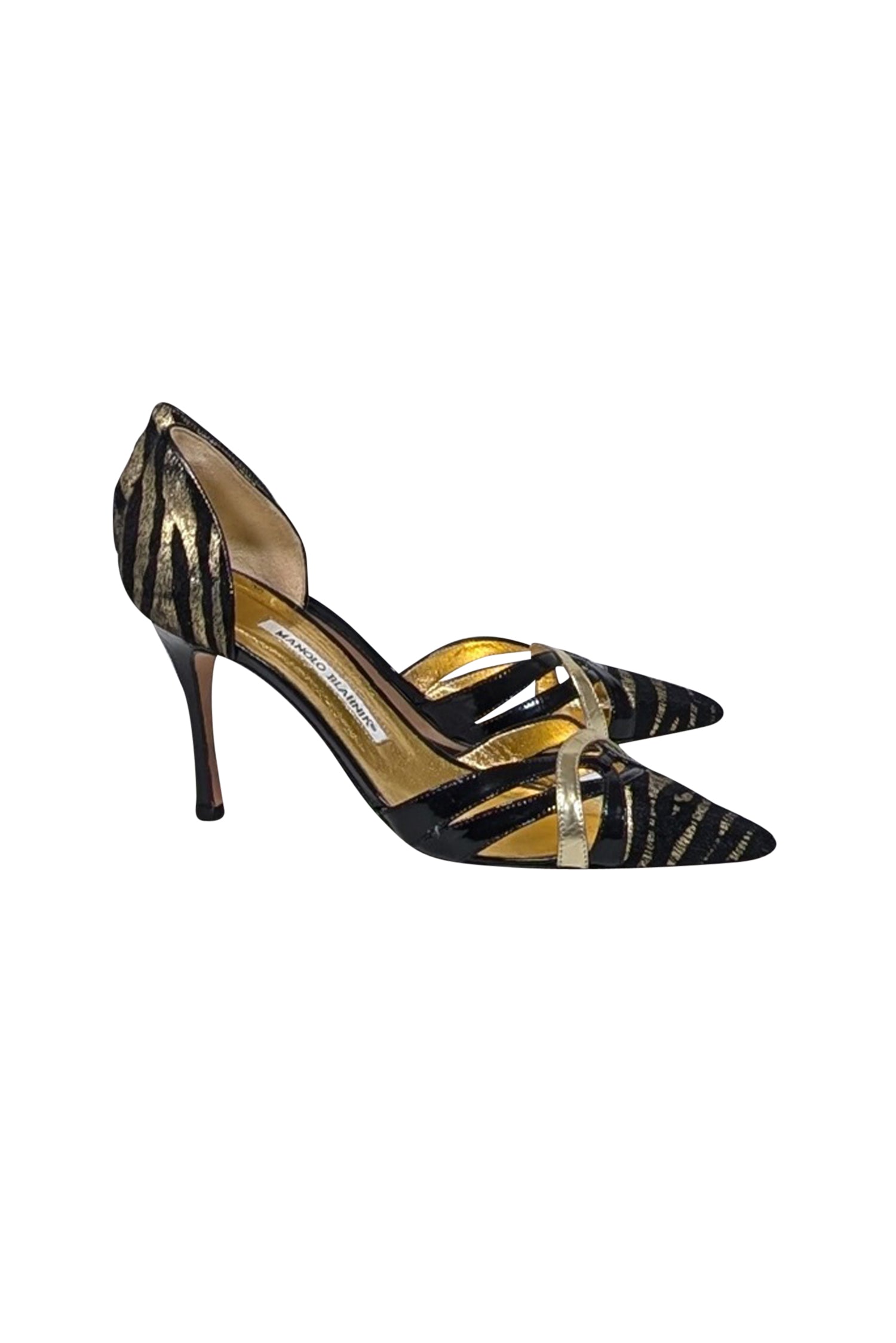 Manolo Blahnik's Stunning Black & Gold Print Animal Hair Pumps - Size 7.5