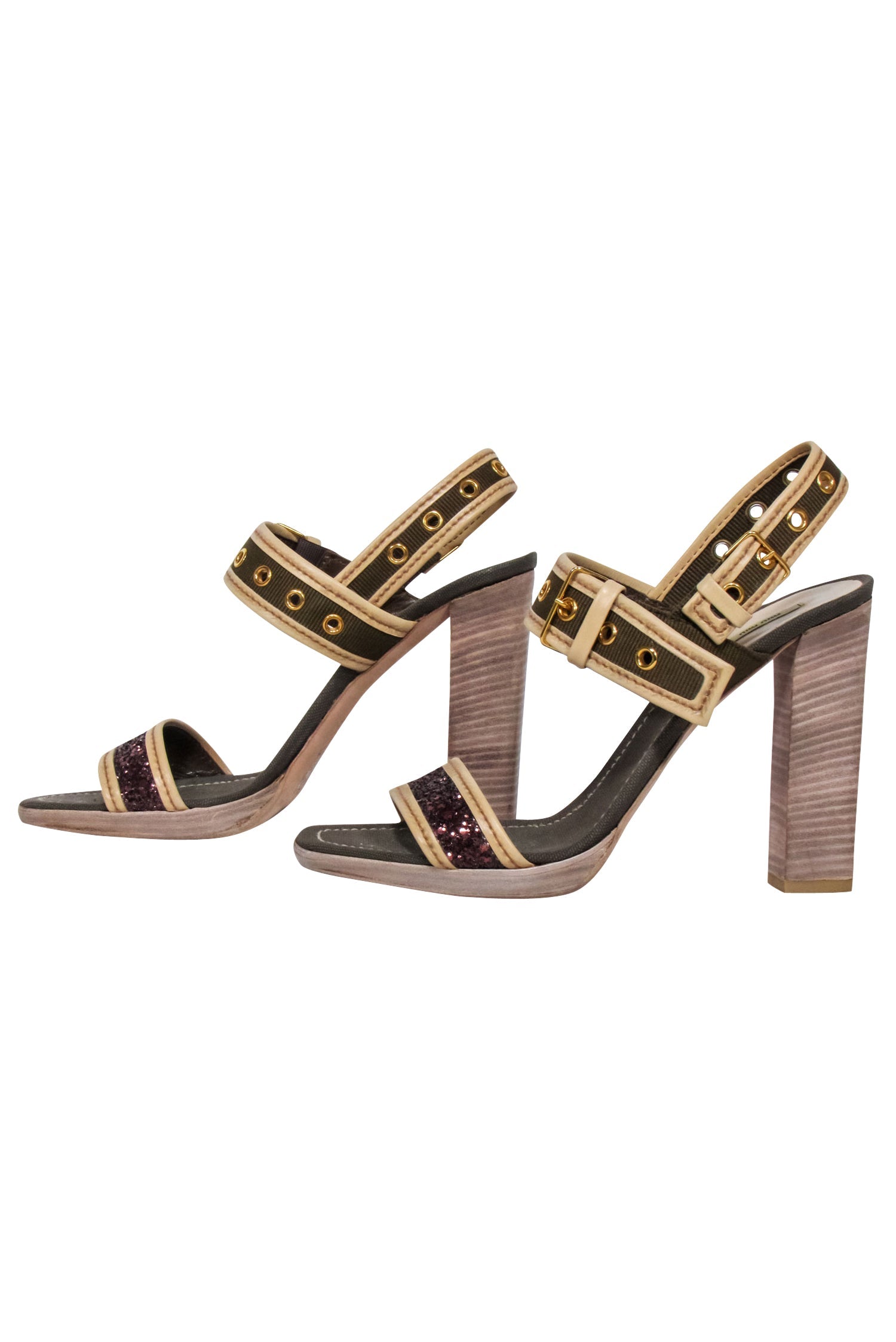 Miu Miu - Stunning Olive Green Canvas Open Toe Pumps with Purple Glitter Strap, Size 10