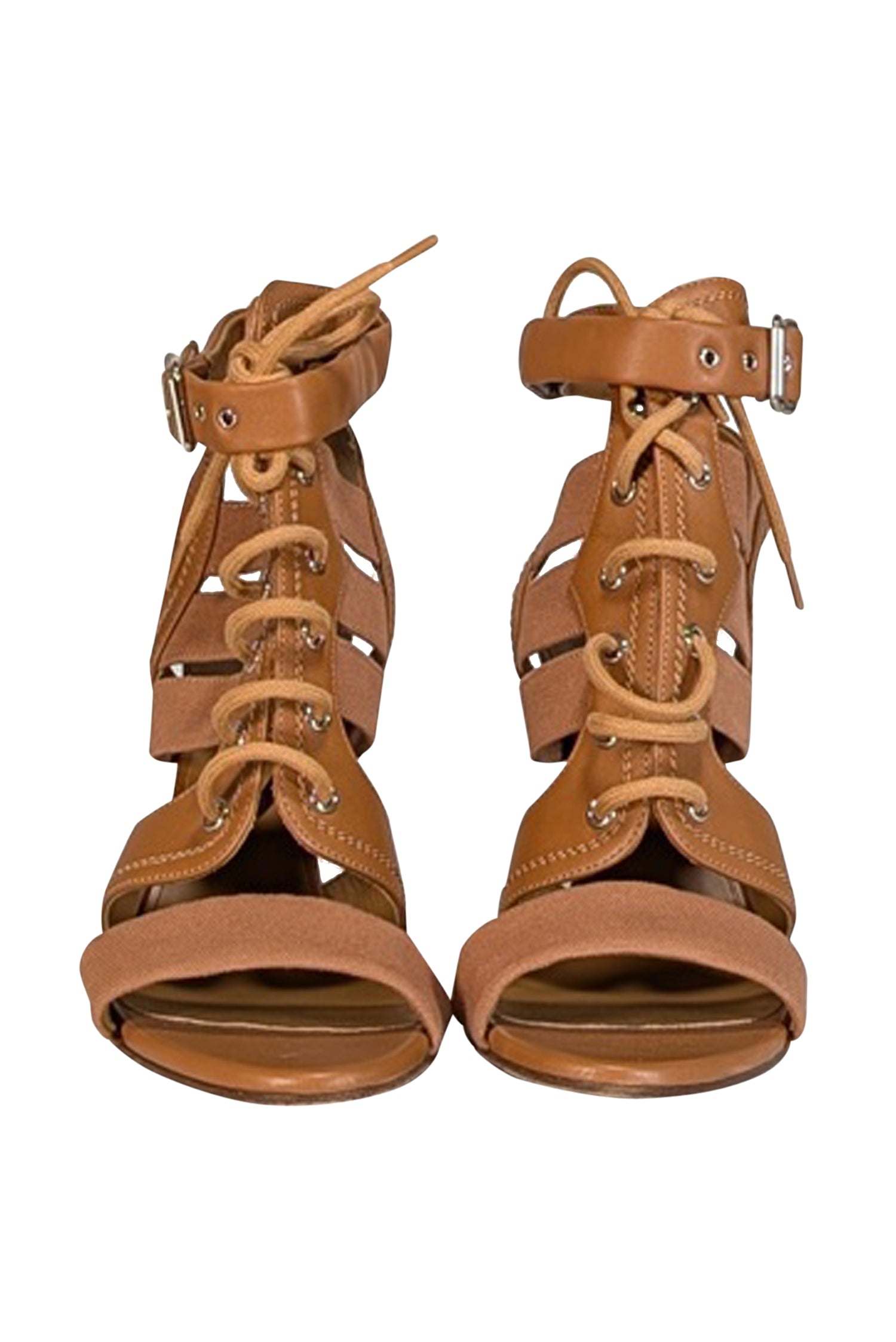Chloe - Gorgeous Tan Leather & Woven Strappy Open Toe Pumps in Size 12