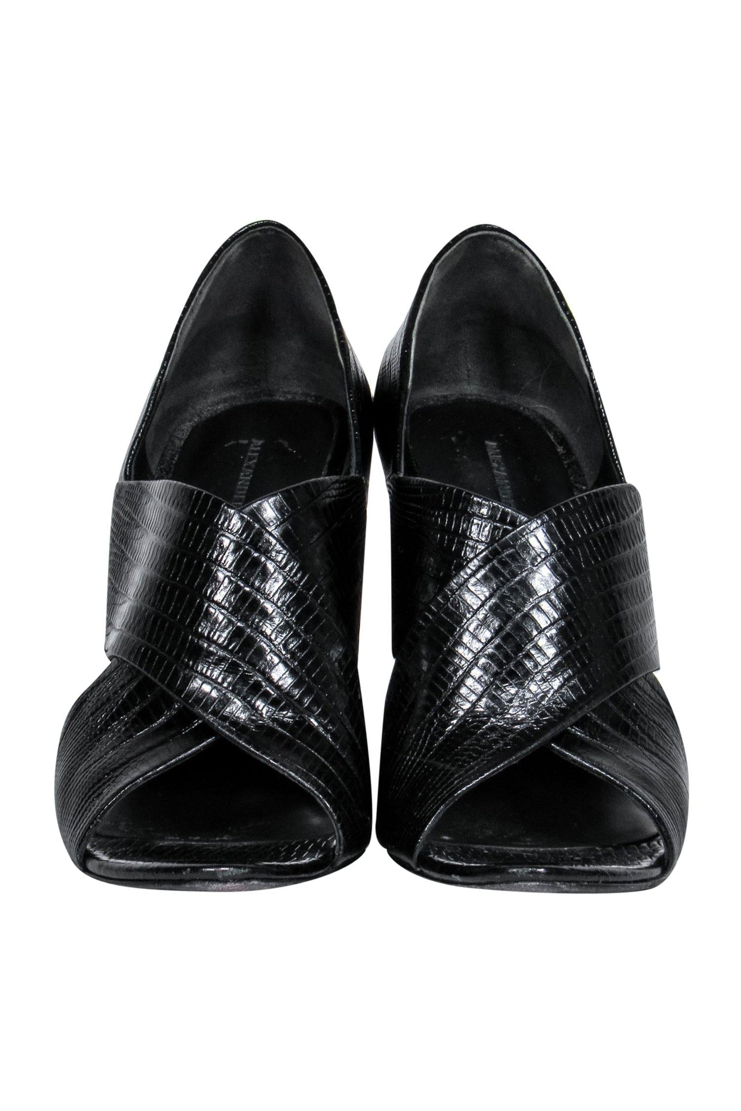 Alexander Wang Black Reptile-Embossed Wedges with Heel Cutout - Size 6.5