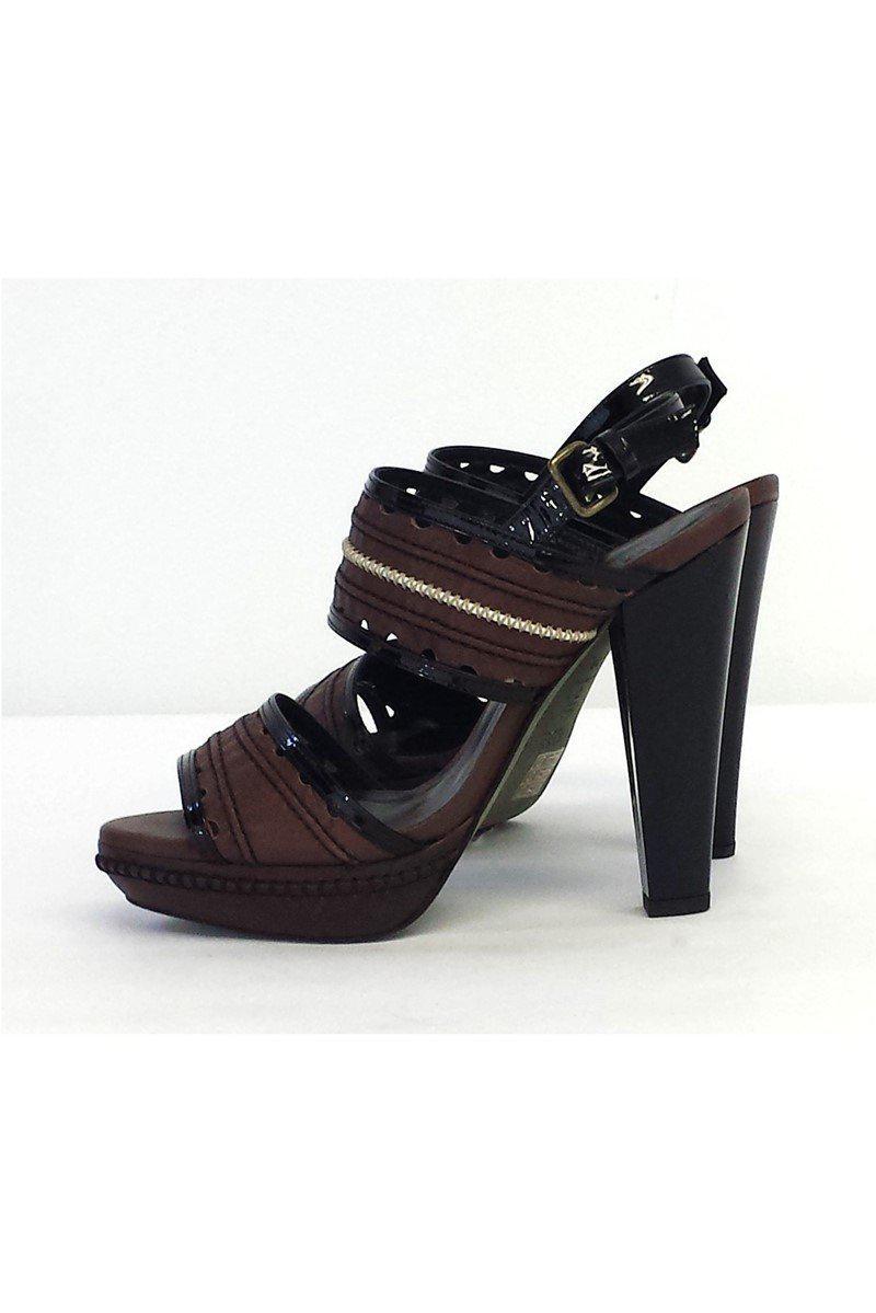 Hoss Intropia's Stunning Brown & Black Leather Open Toe Heels - Size 9!