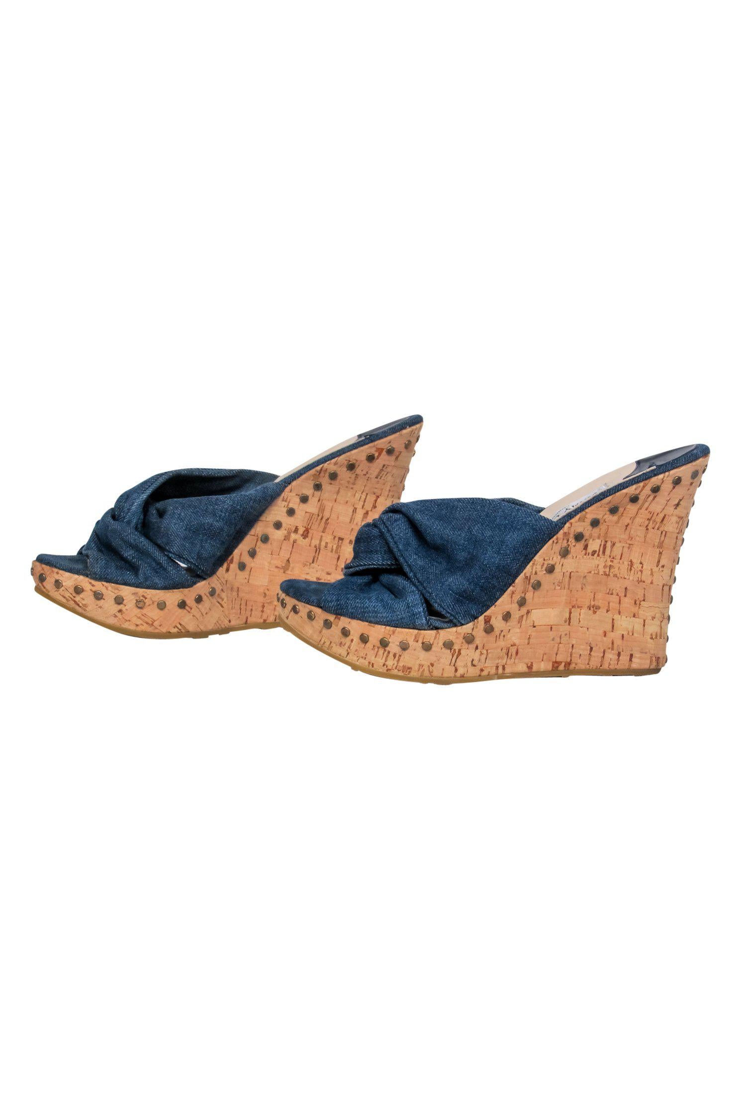 Jimmy Choo Denim Knotted Open Toe Cork Platform Palm Wedges - Size 11: A Summer Must-Have!