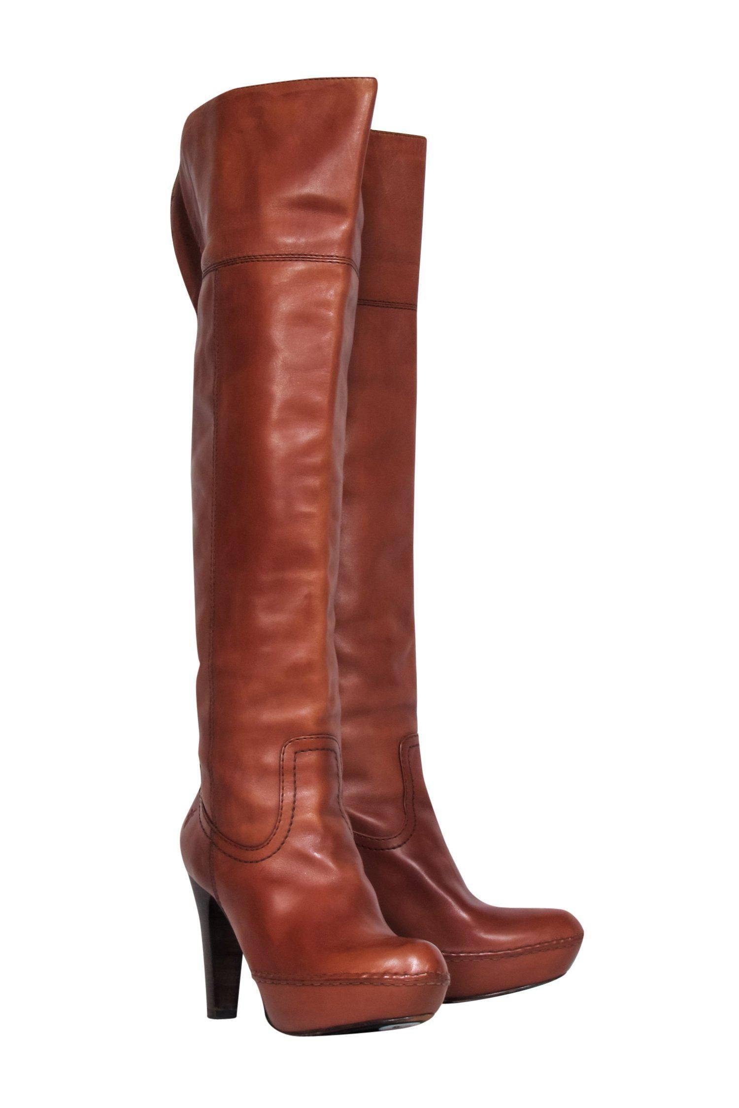 Frye Brown Leather Over-the-Knee Platform Heeled Boots - Size 8.5: A Must-Have for Fall Nights Out