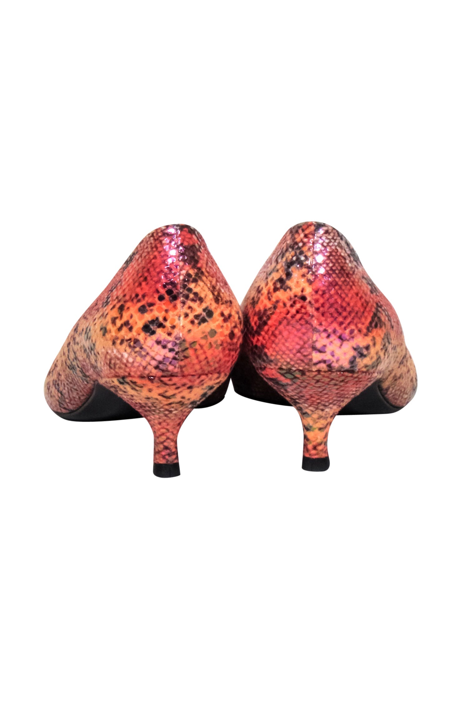 Stuart Weitzman - Fiery Orange & Pink Snakeskin Print Kitten Heels, Size 8.5