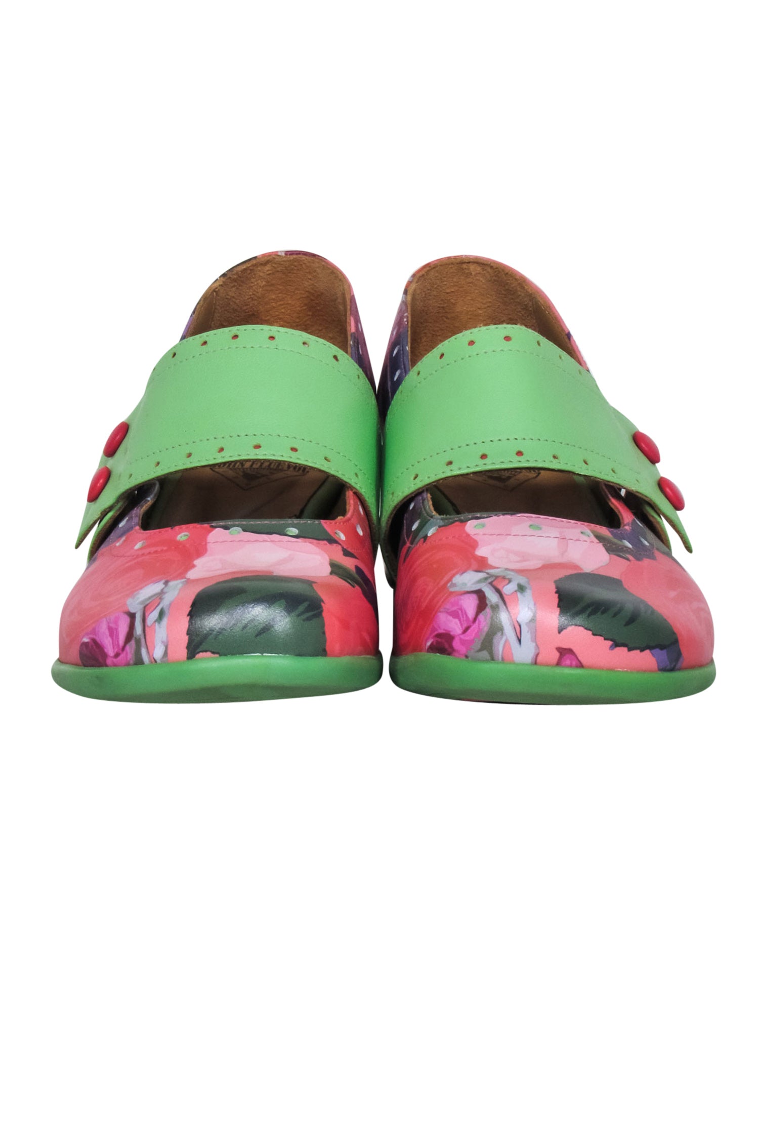 John Fluevog Green & Rose Floral Print Leather Mary Janes - Size 7