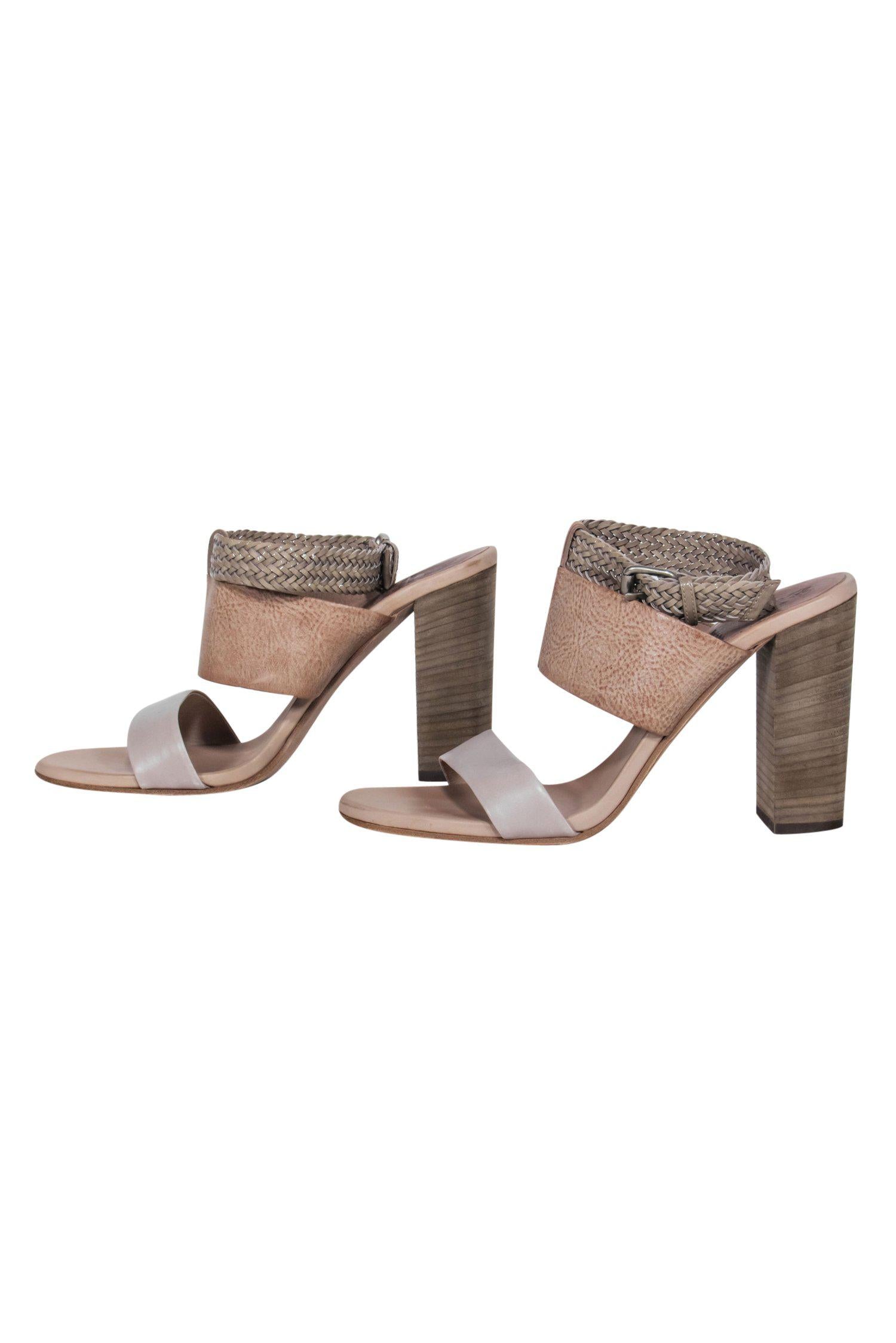 Brunello Cucinelli - Gorgeous Tan Pebbled & Braided Leather Block Mule Heels, Size 11