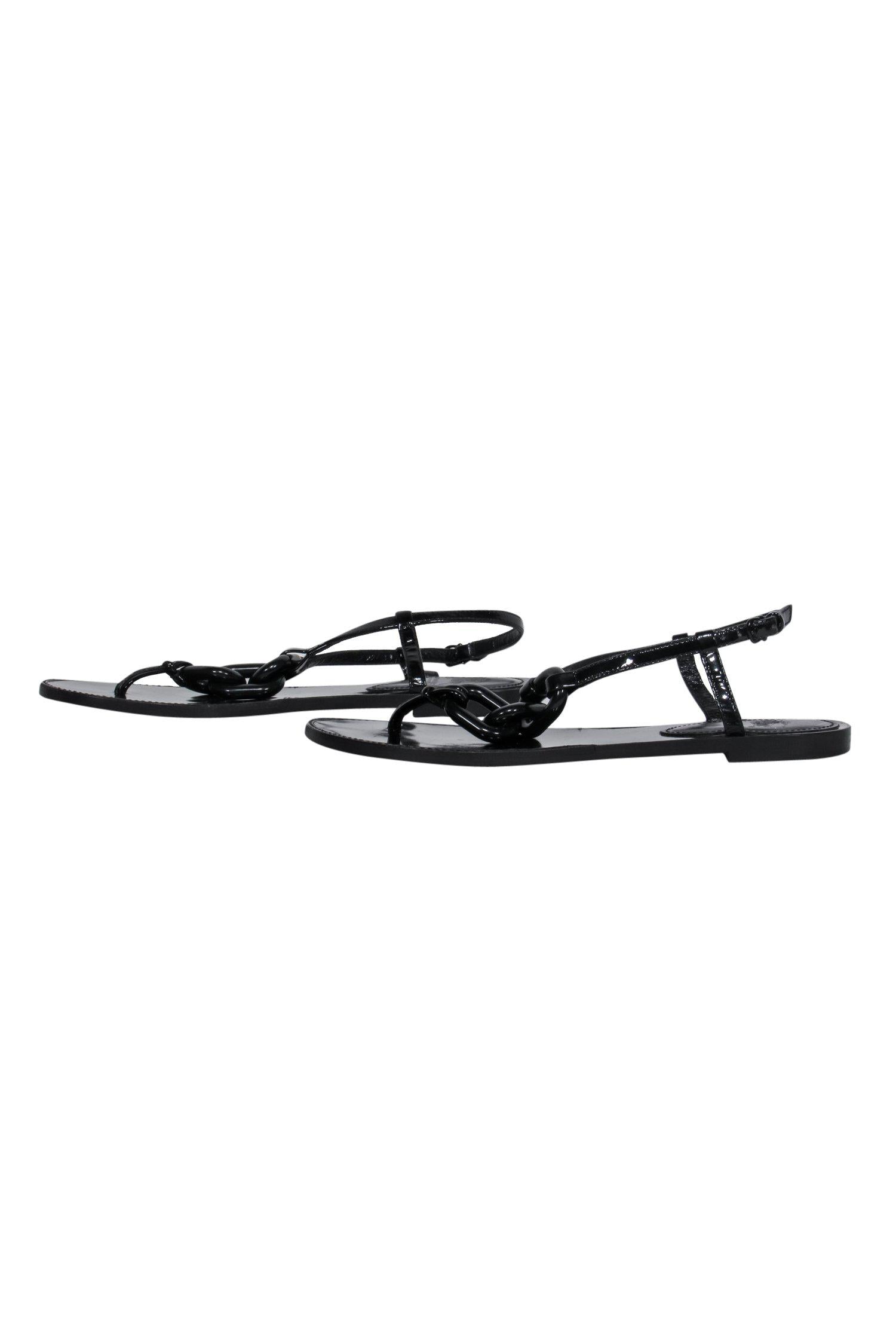 Burberry Black Patent Leather T-Strap Chain Sandals - Size 8