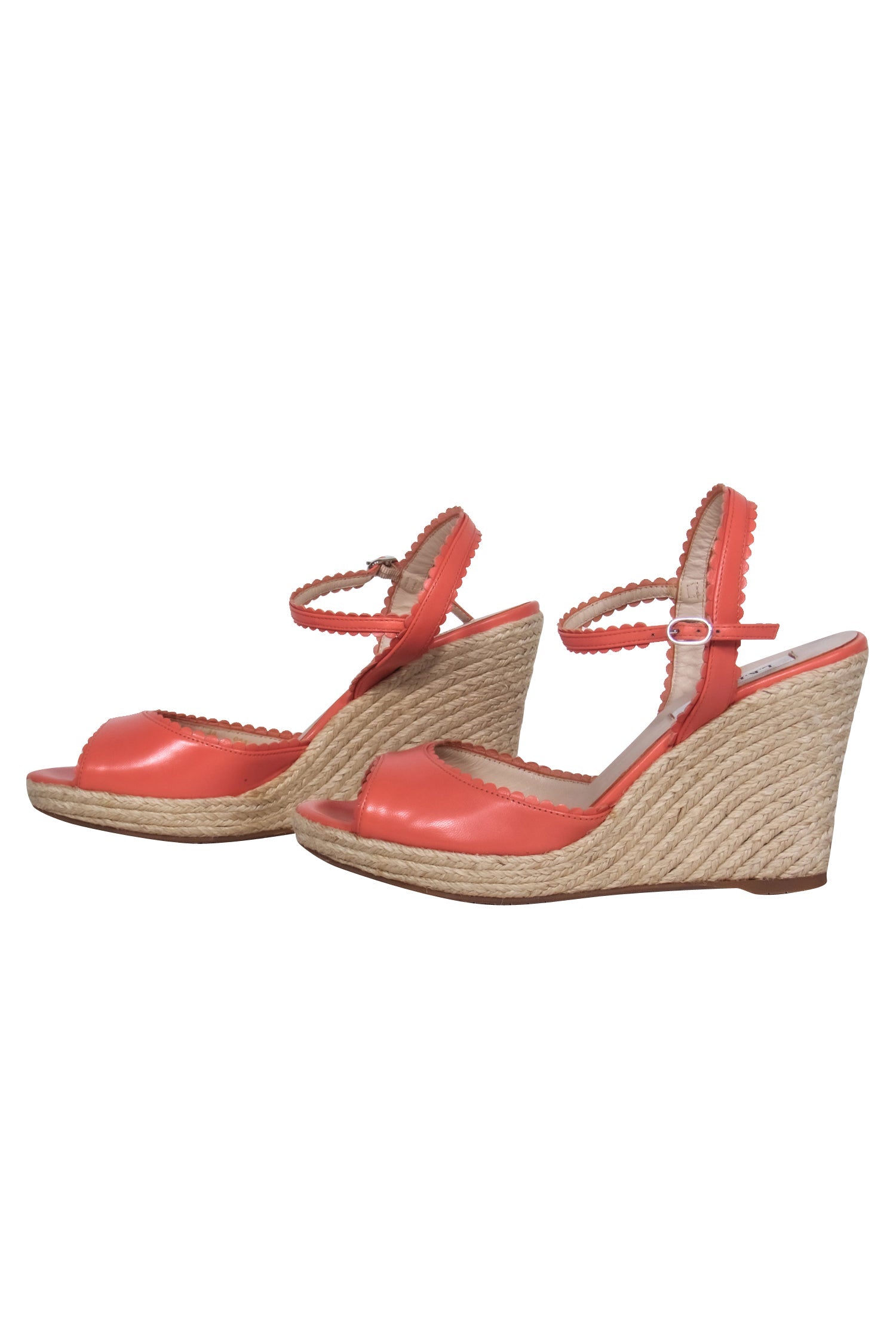 L.K. Bennett Pink Leather Scalloped Woven Peep Toe Wedges - Size 7