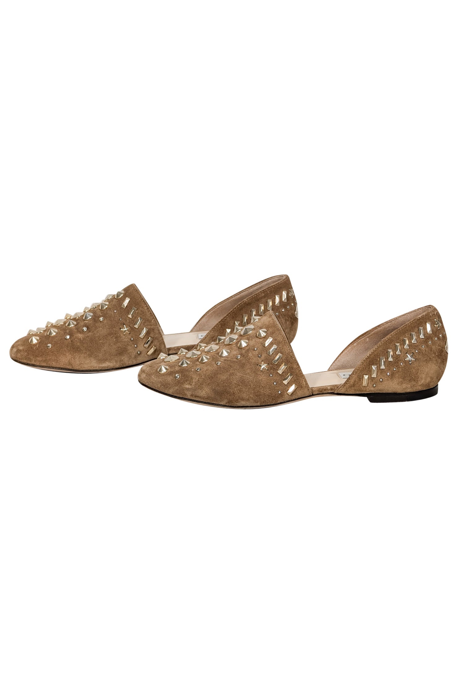 Jimmy Choo Tan Suede Flats with Gold Studded Trim - Size 6