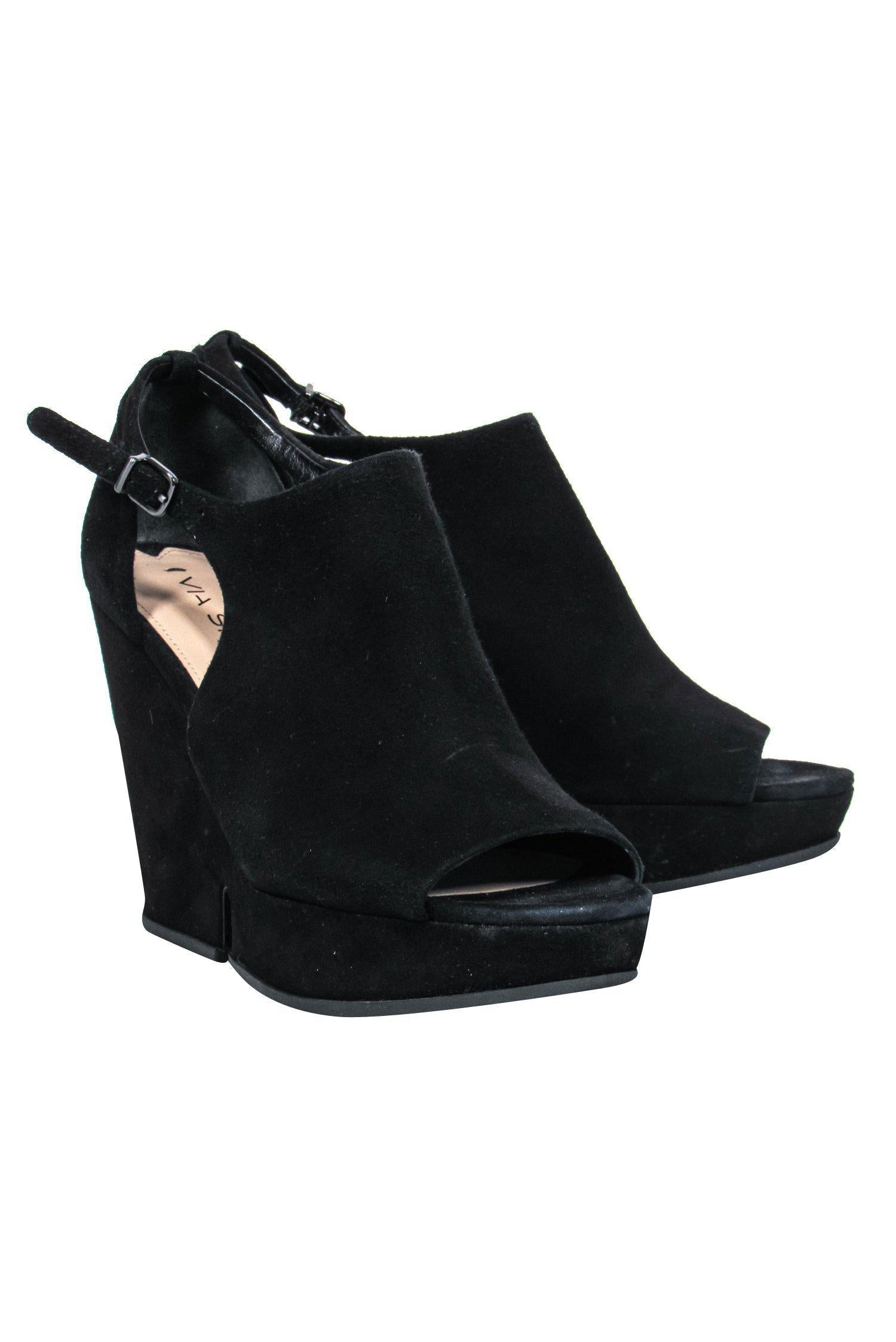 Via Spiga Black Suede Peep Toe Platform Wedges - Size 6.5: Elevate Your Style!