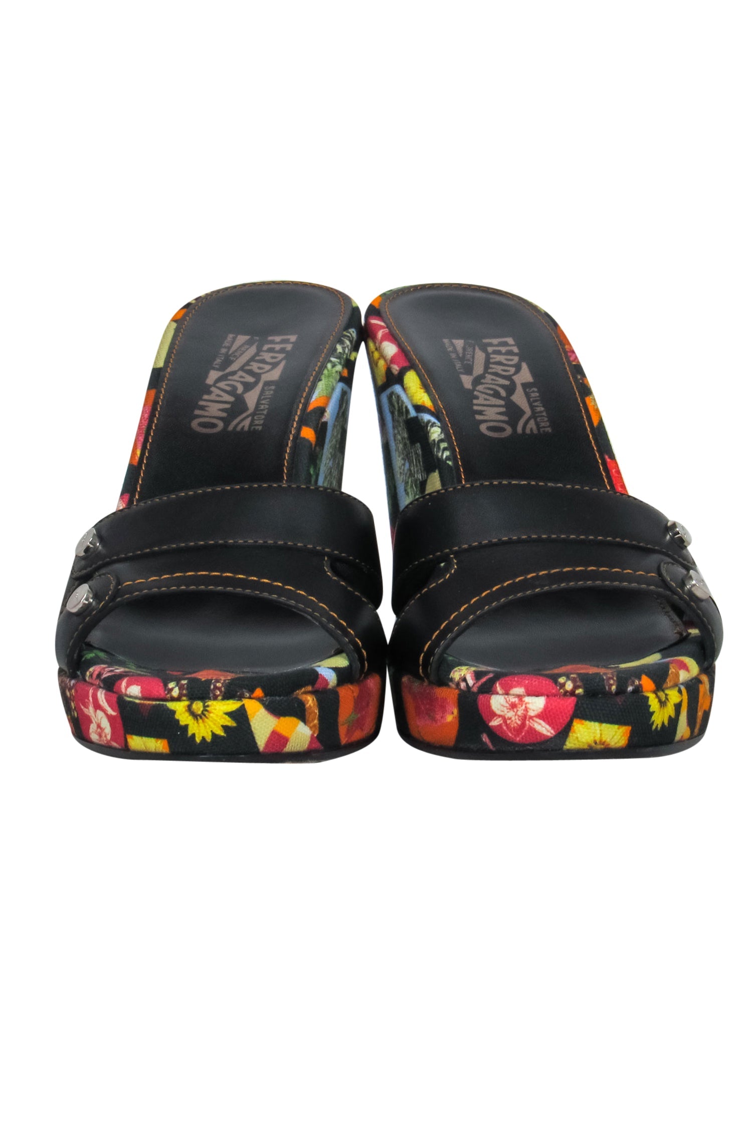 Ferragamo - Stunning Black Printed Leather & Fabric Seta Mule Wedges in Size 9