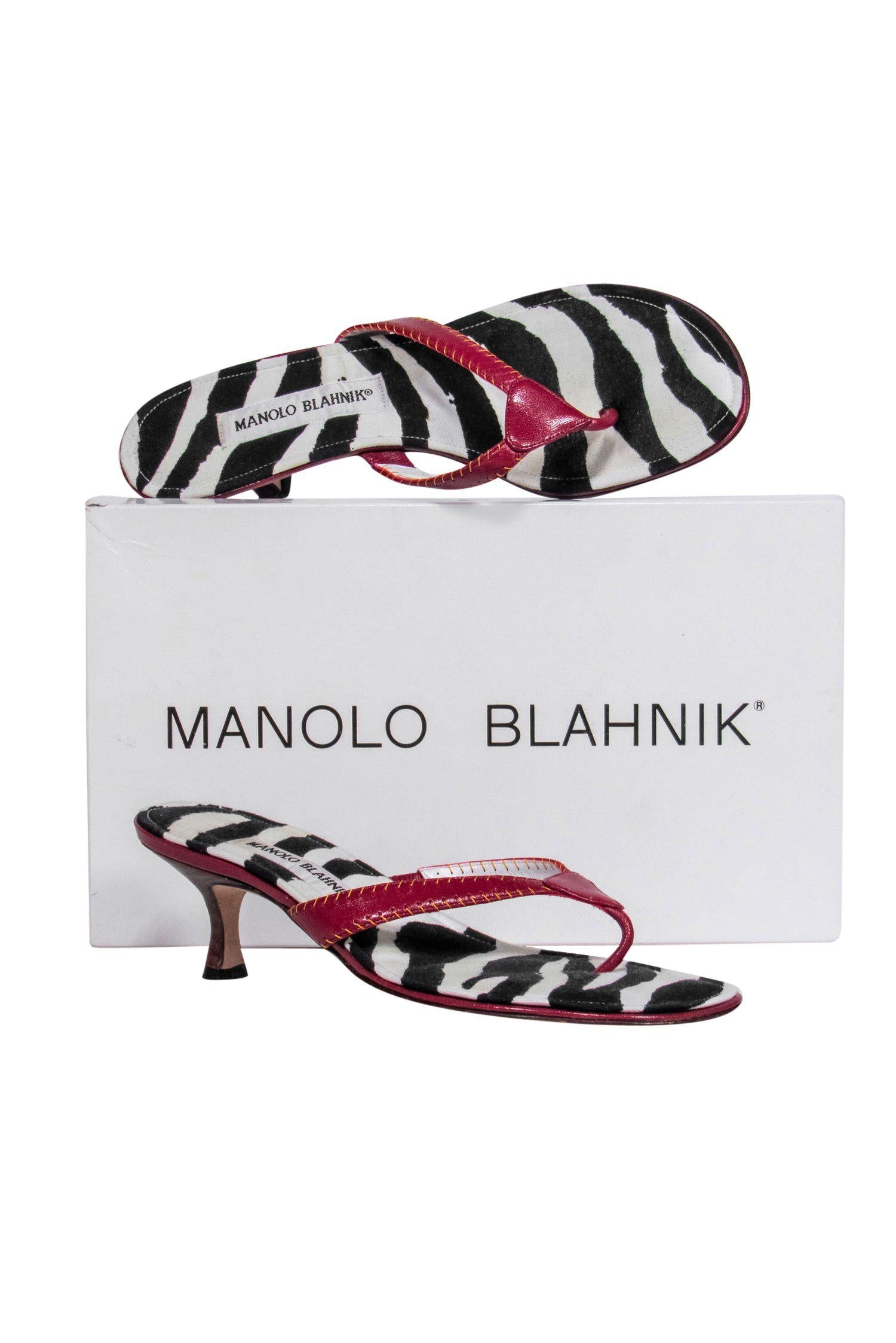 Manolo Blahnik's Stunning Red Leather & Zebra Printed Kitten Heel Sandals - Size 7.5
