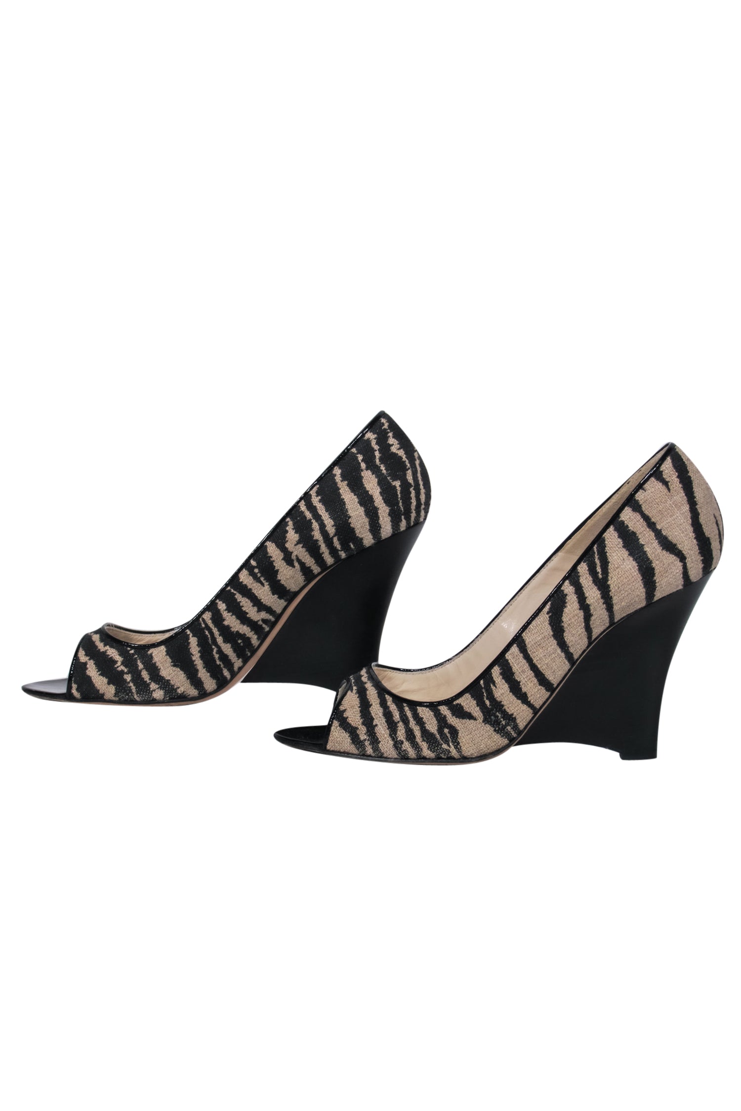 Brian Atwood - Exquisite Tan & Black Woven Zebra Print Peep - Toe Wedges in Size 8