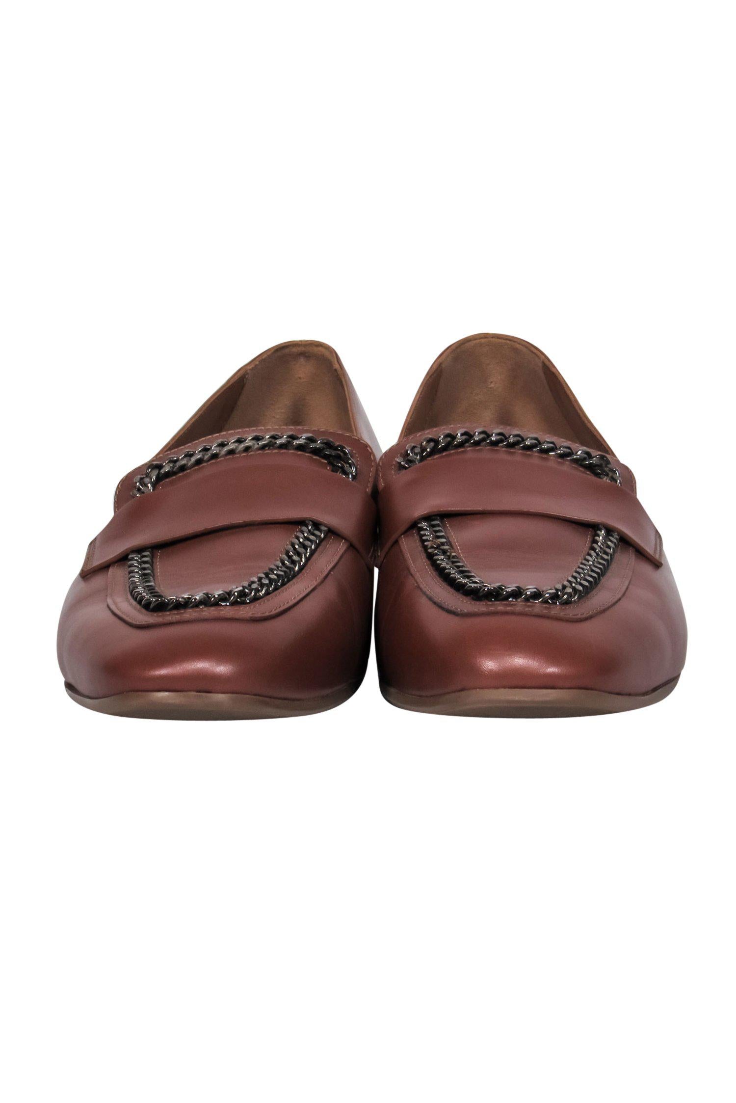 Aquatalia Brown Smooth Leather Chain-Trim Loafers - Size 9