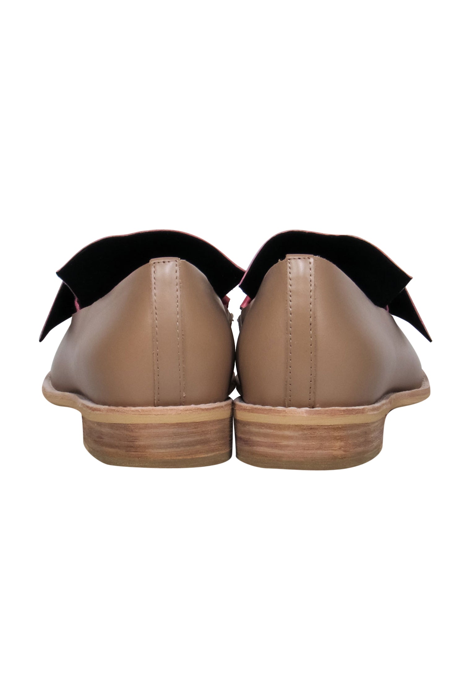 All Black Tan & Watermelon Pink Flap Design Flatbow Leather Loafers - Size 10