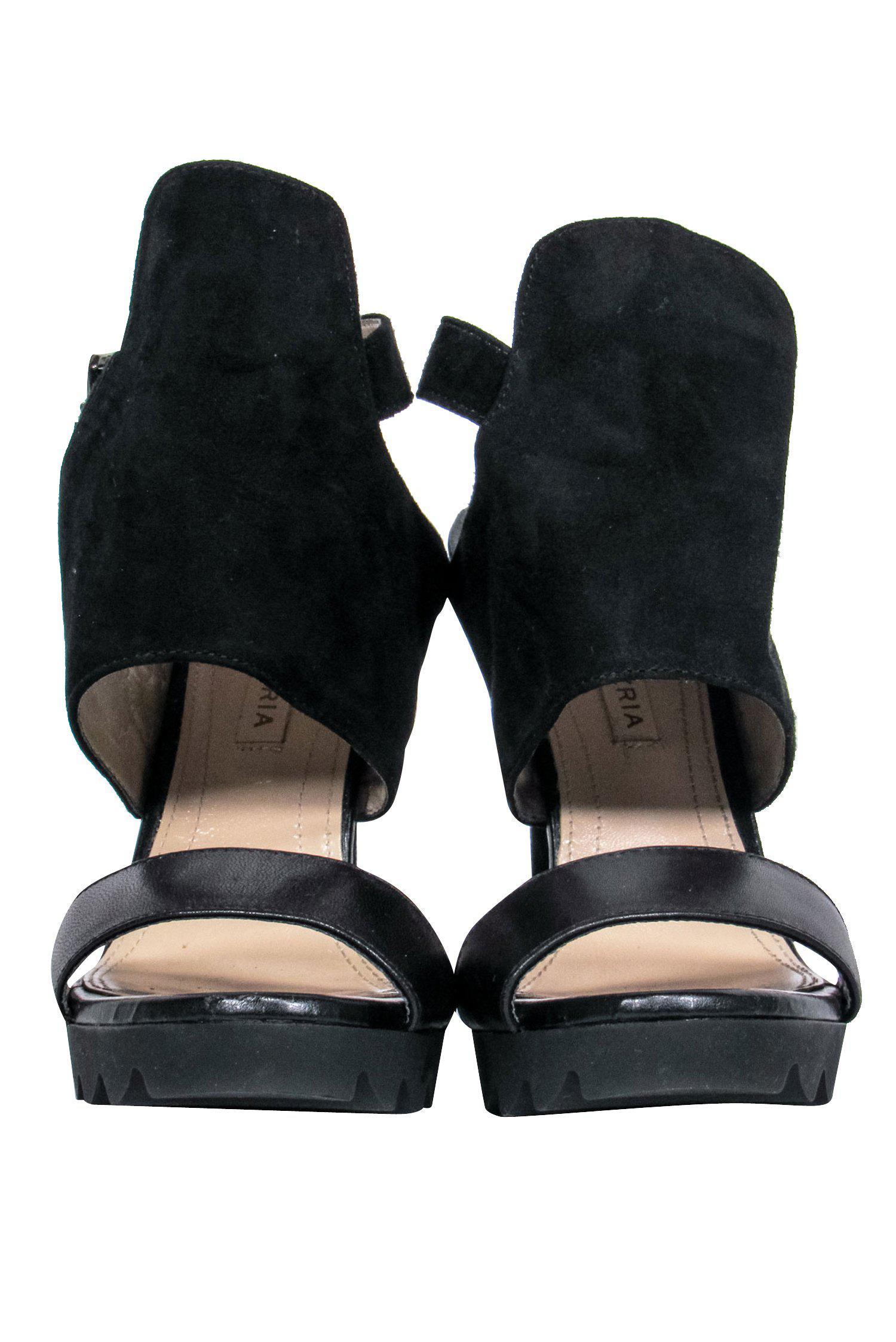 BCBG Max Azria - Glamorous Black Suede Open Toe Ankle Strap Stilettos in Size 6.5