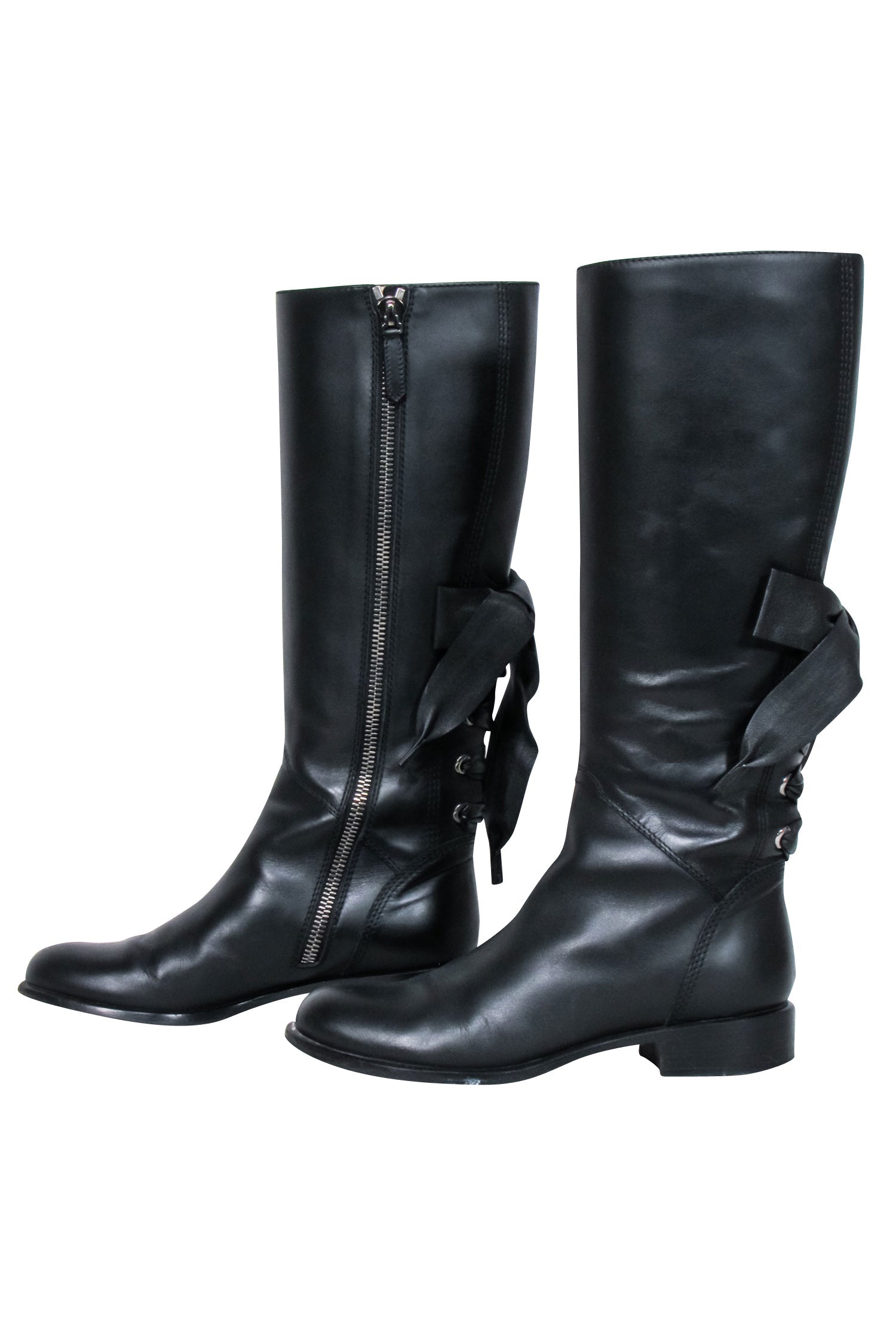 Valentino Black Leather Tall Boots with Lace - Up Bow, Size 7