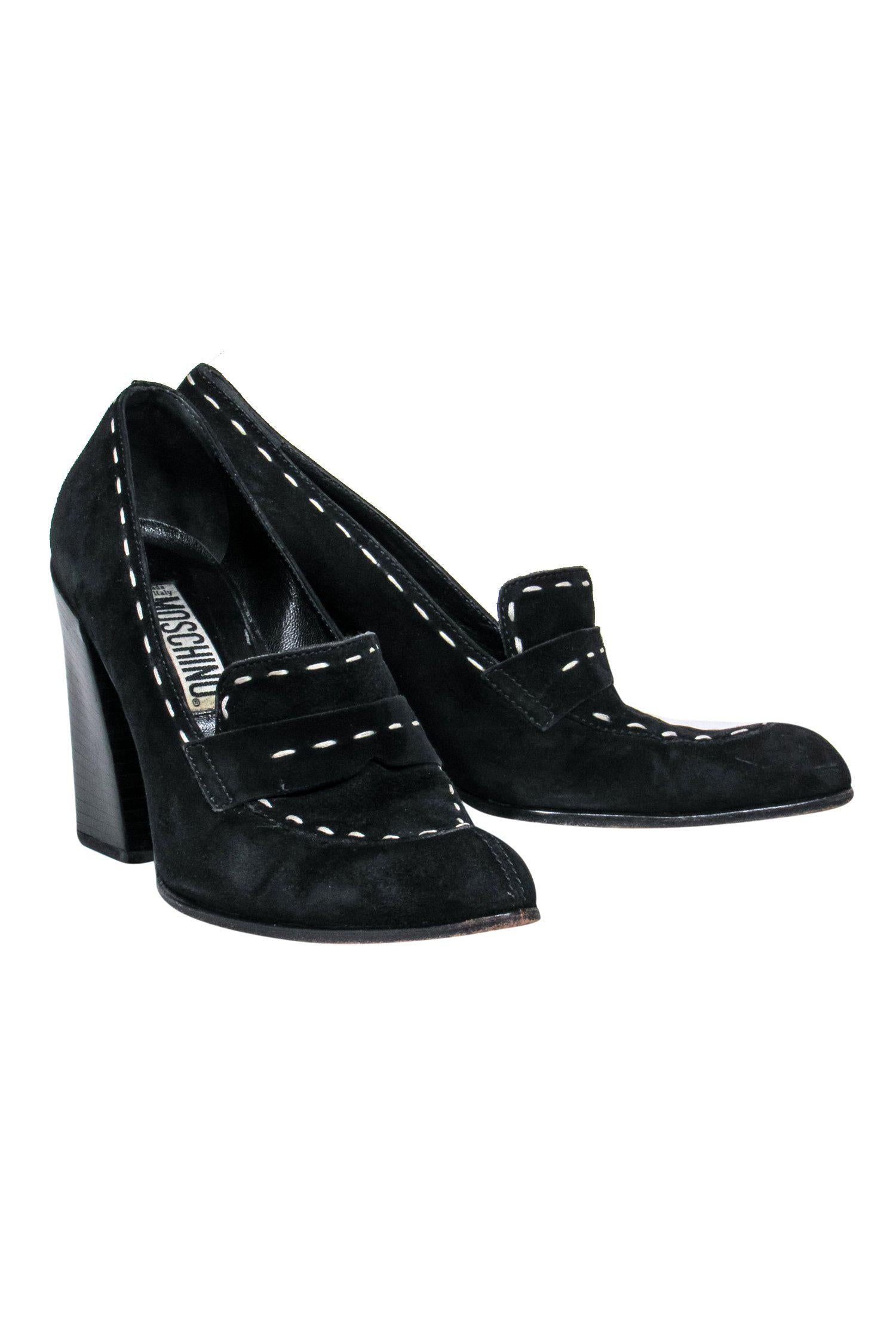 Moschino Black Suede Loafer-Style Heels with White Stitching - Size 8