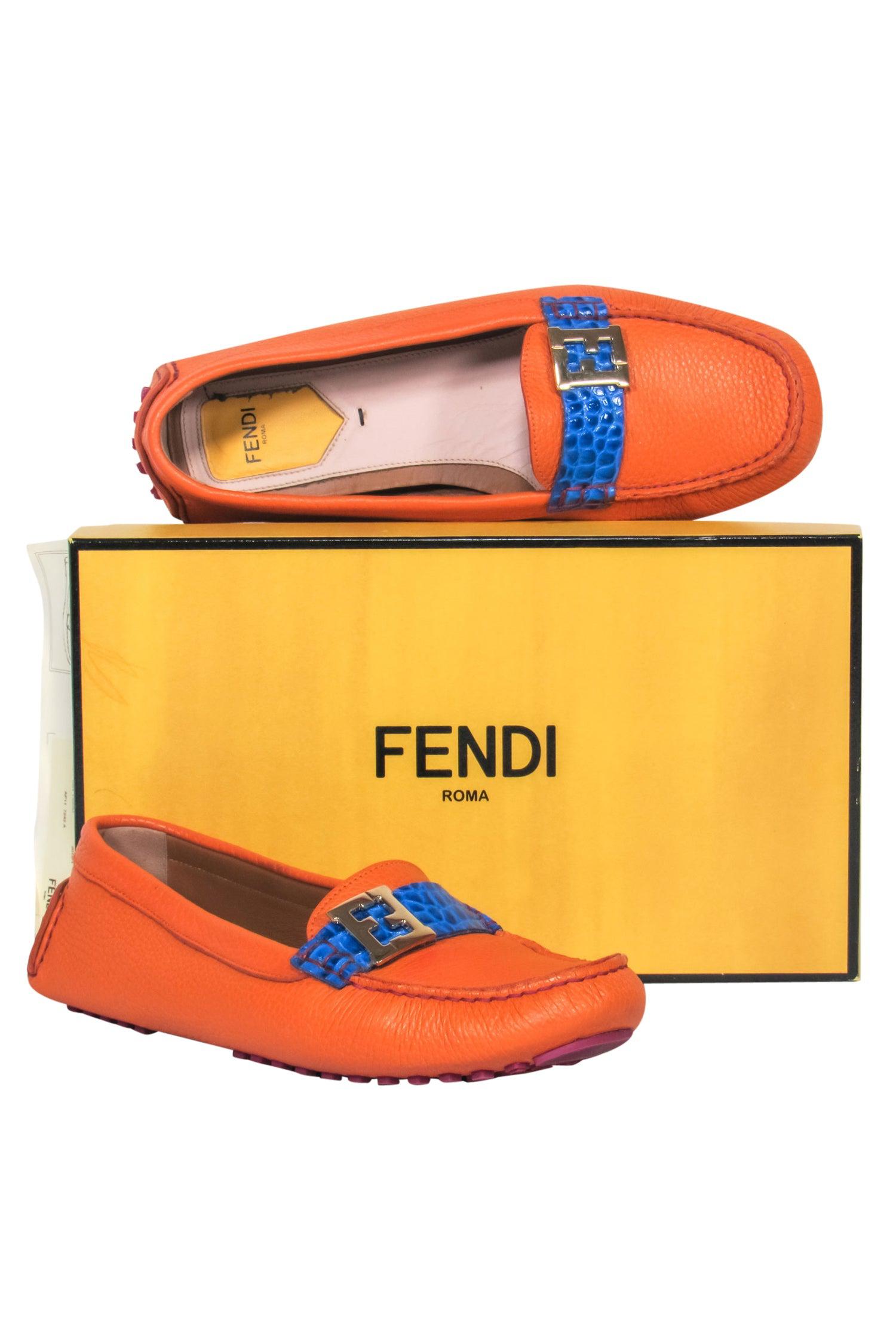 Fendi Orange Pebbled Leather Loafers with Blue Crocodile Strap - Size 10.5