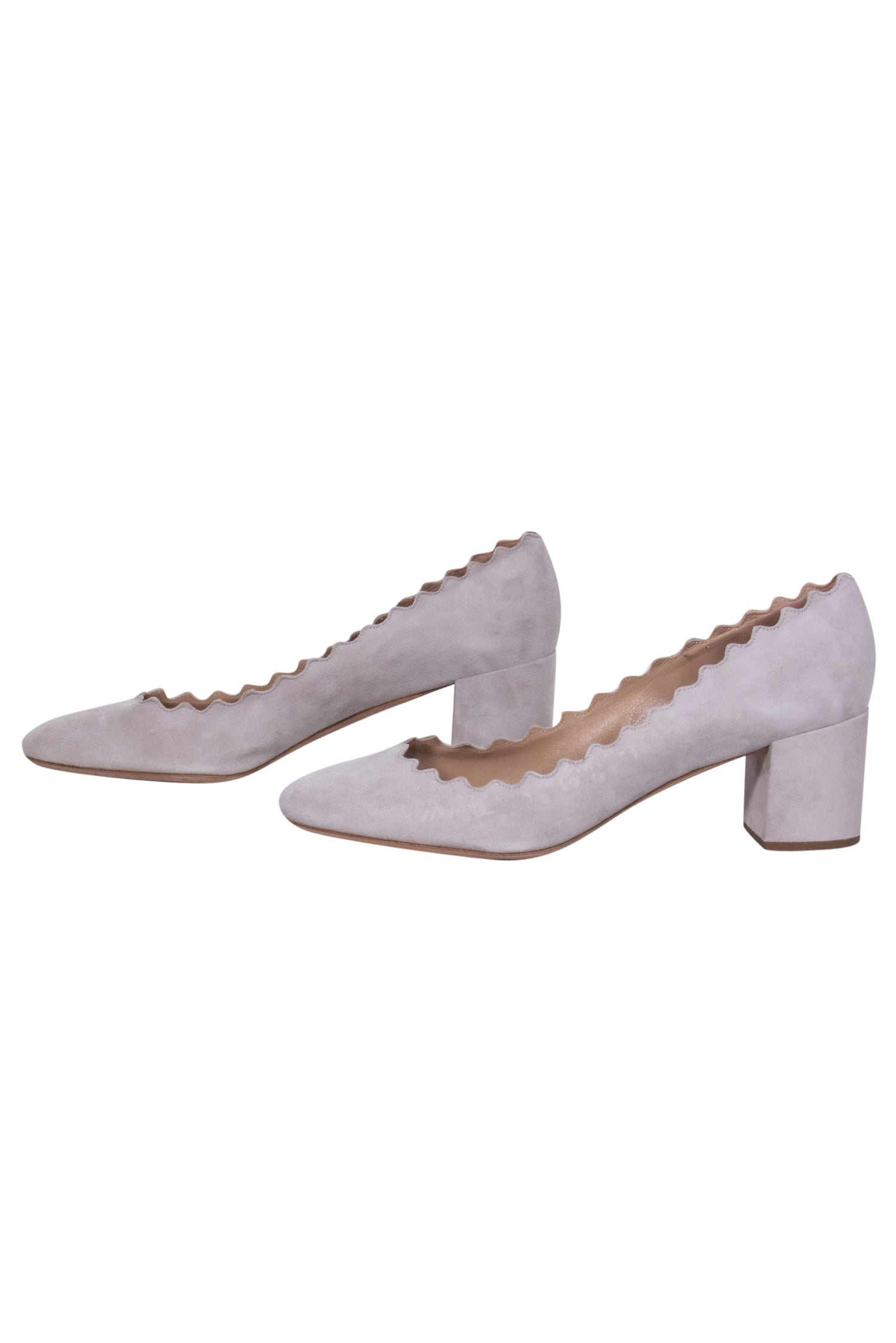 Chloe Light Grey Suede Scalloped Block Heel Lauren Pumps - Size 11
