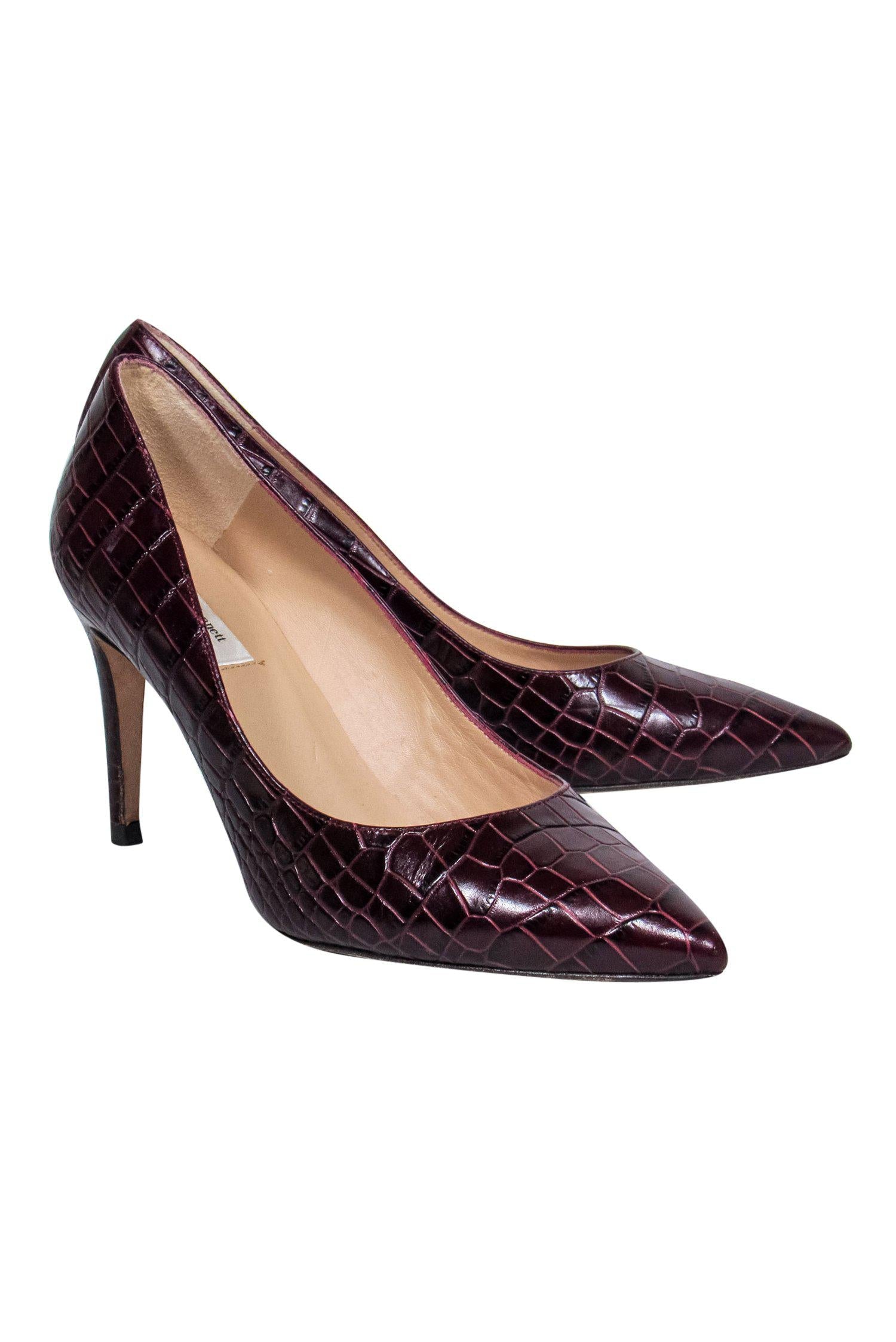 L.K. Bennett Maroon Crocodile-Embossed Pointed-Toe Pumps - Size 10