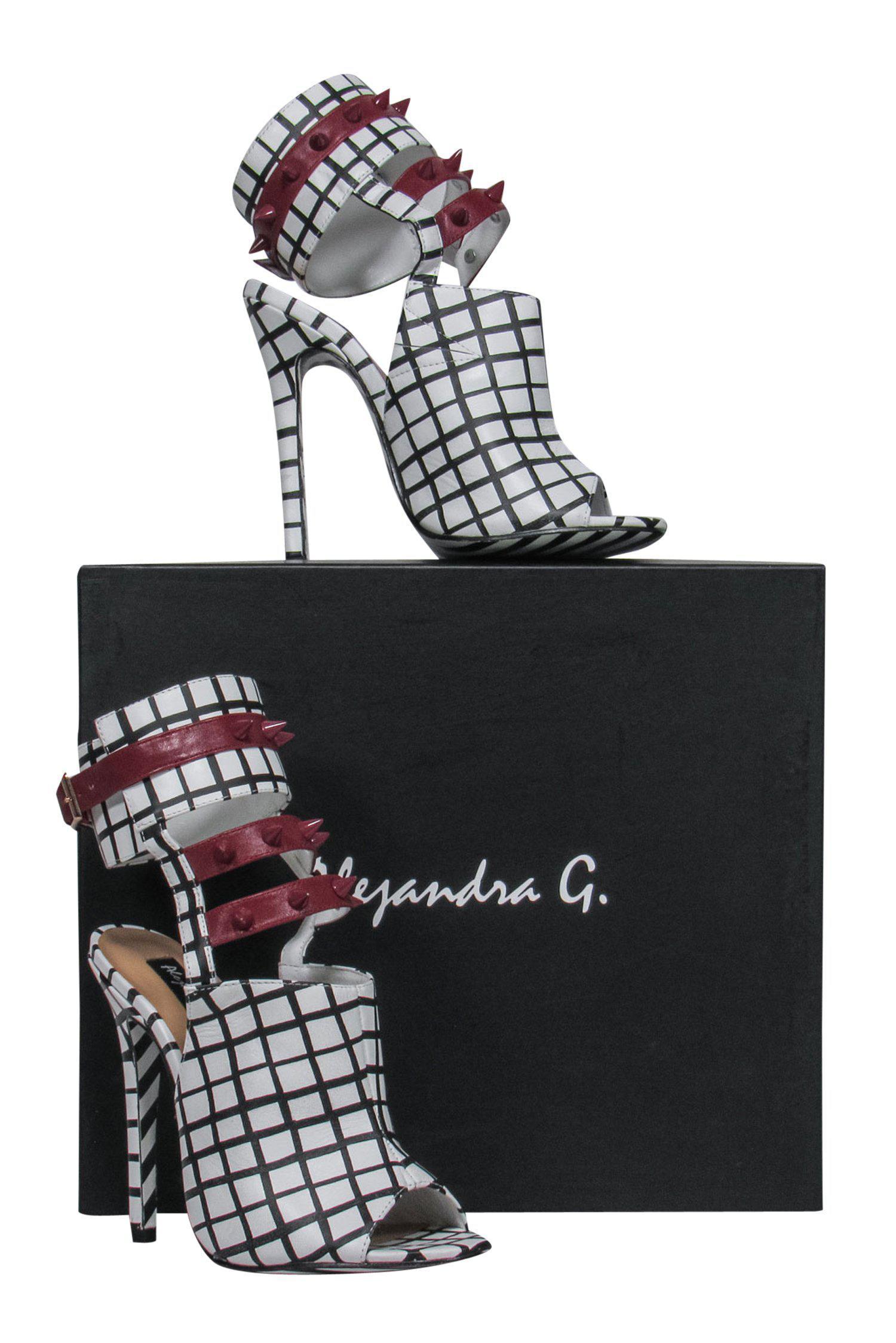 Alejandra G. - Striking White & Black Grid Print Caged Fiona Stilettos with Maroon Spiked Trim - Size 6