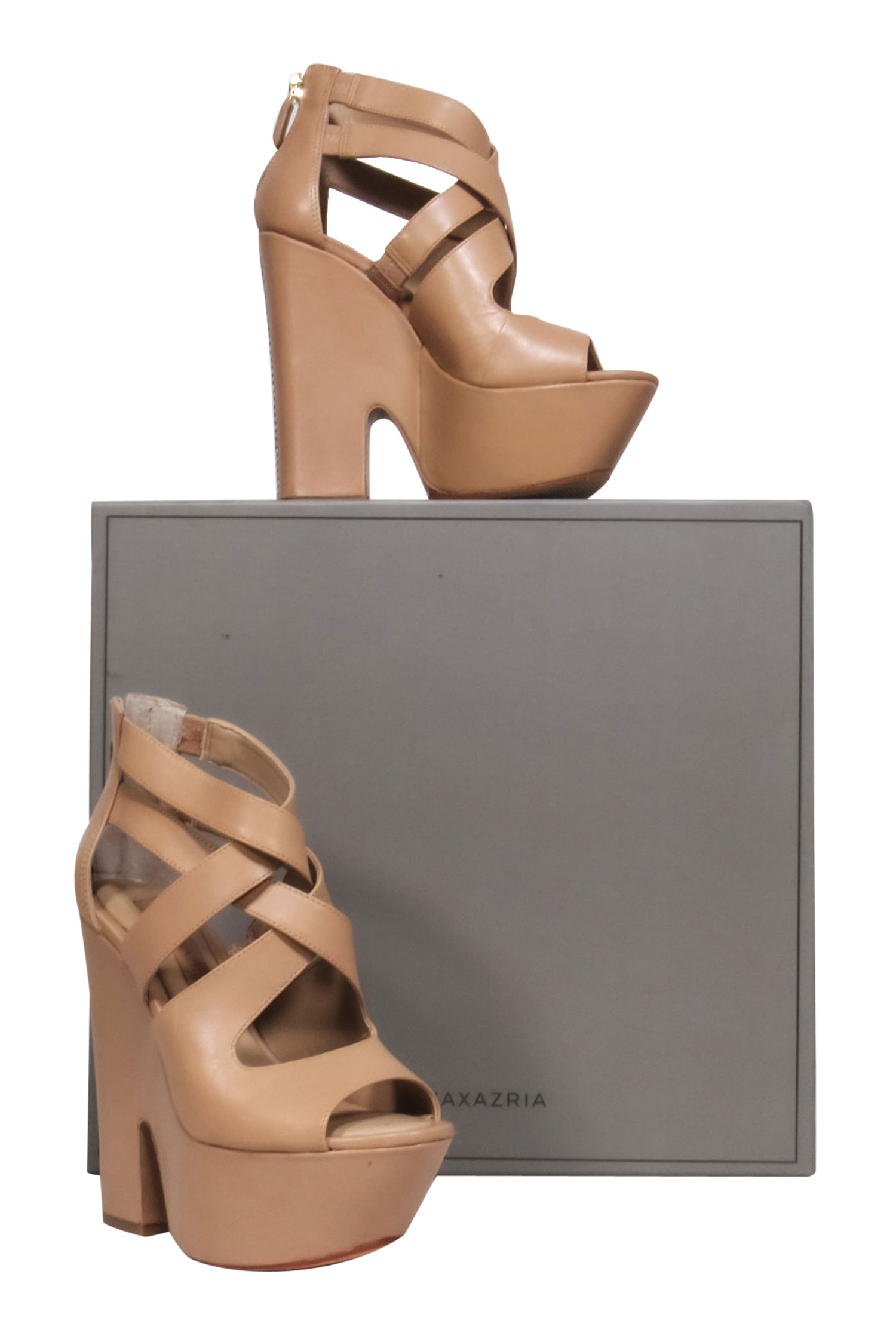 BCBG Max Azria Beige Leather Chunky Platform Crisscross Strap Heels - Size 5.5
