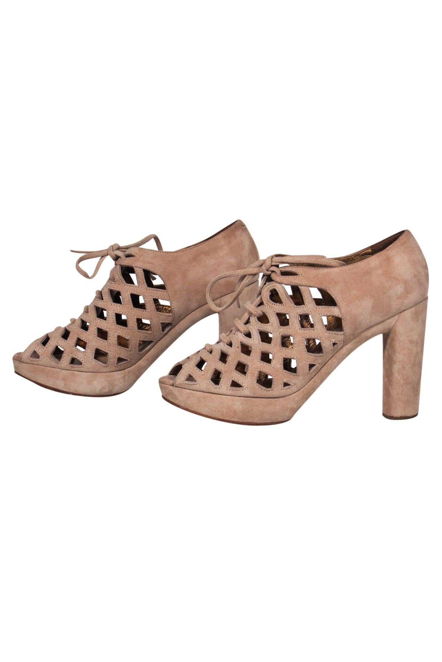 See by Chloe Beige Suede Lattice Cutout Heels - Size 9: A Fashion Must-Have!