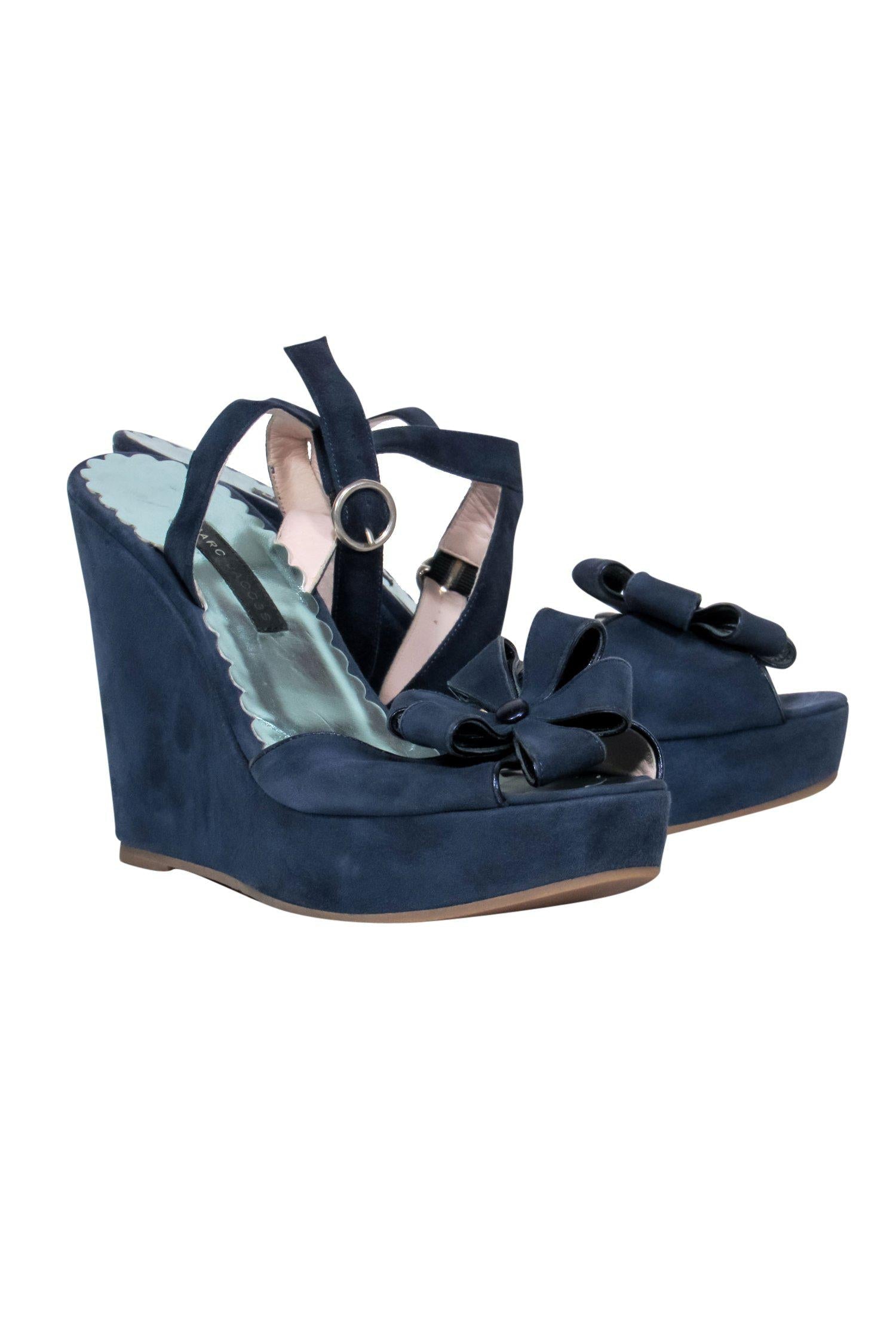 Marc Jacobs Navy Suede Flowered Platform Wedges - Size 6.5