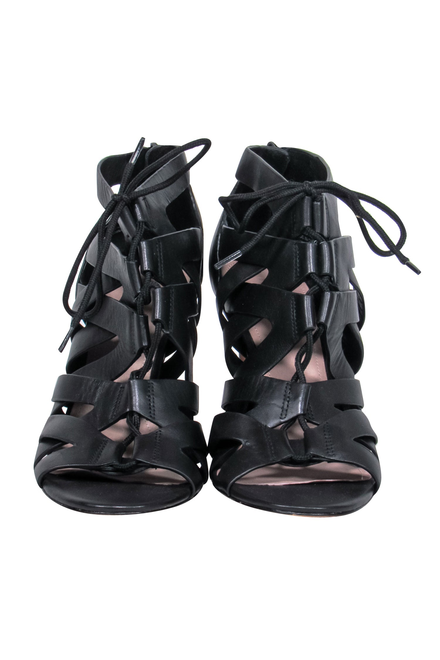Pour La Victoire - Chic Black Leather Cutout Lace - Up Heels in Size 9