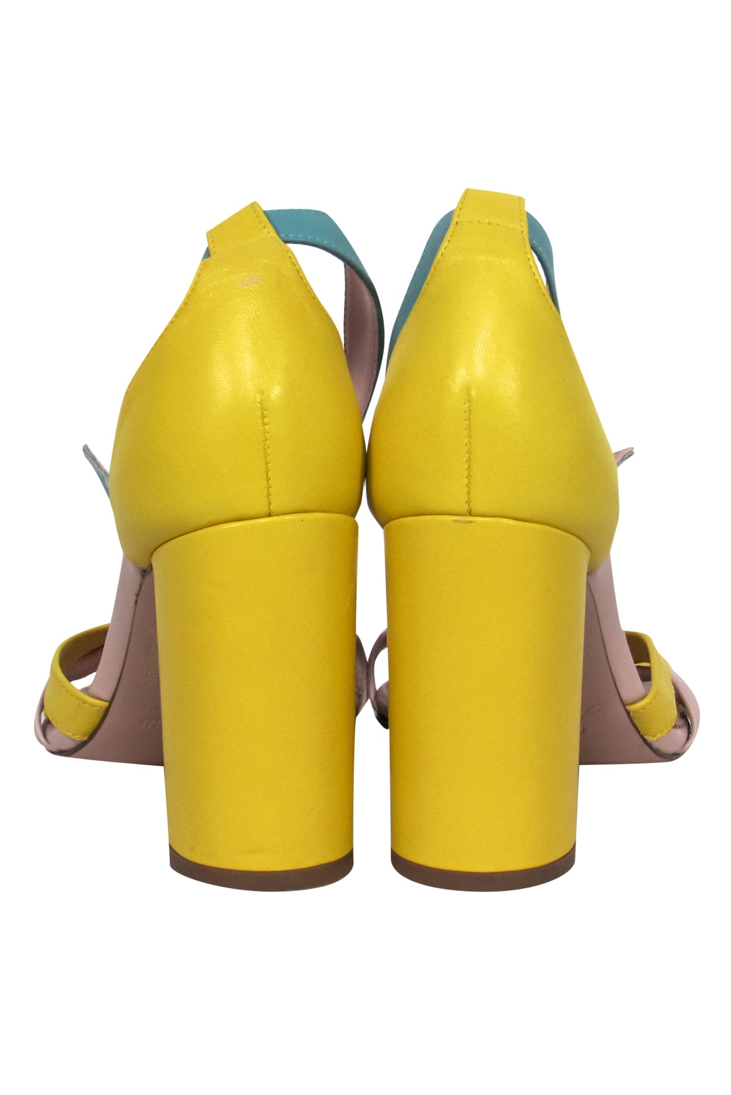 J.Crew's Stunning Yellow & Green Leather Block Heels with Tortoise Shell Buckle - Size 7
