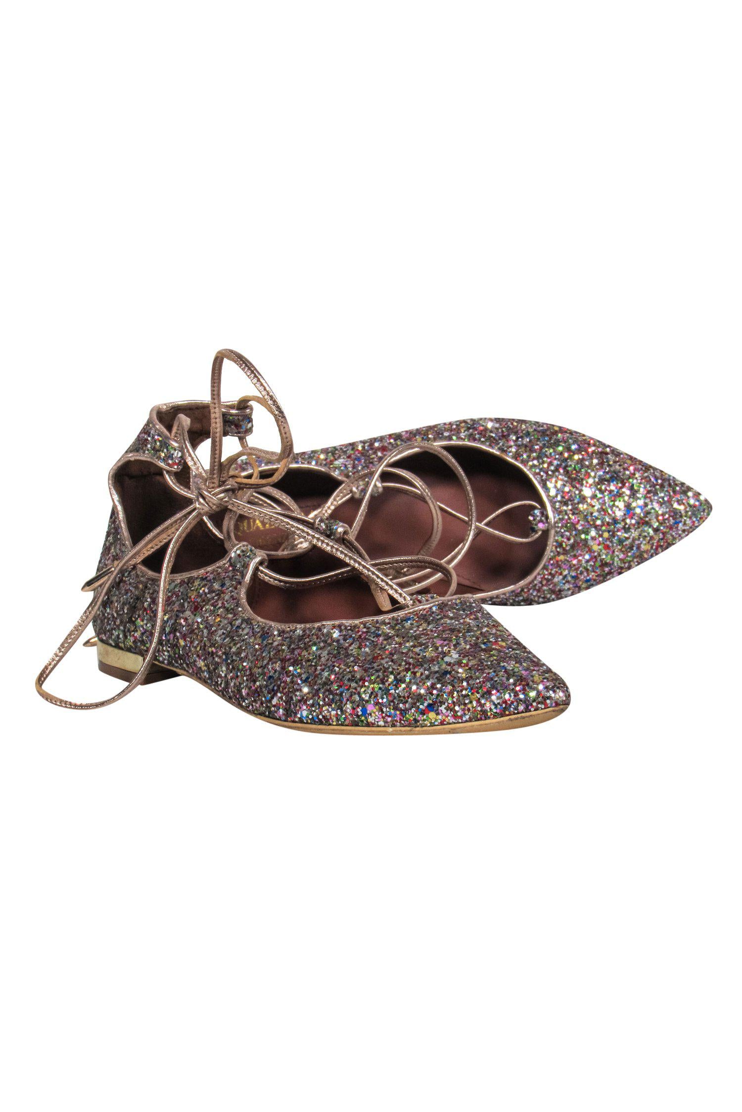 Aquazzura Multicolored Sequin Lace - Up Party Flats Size 6