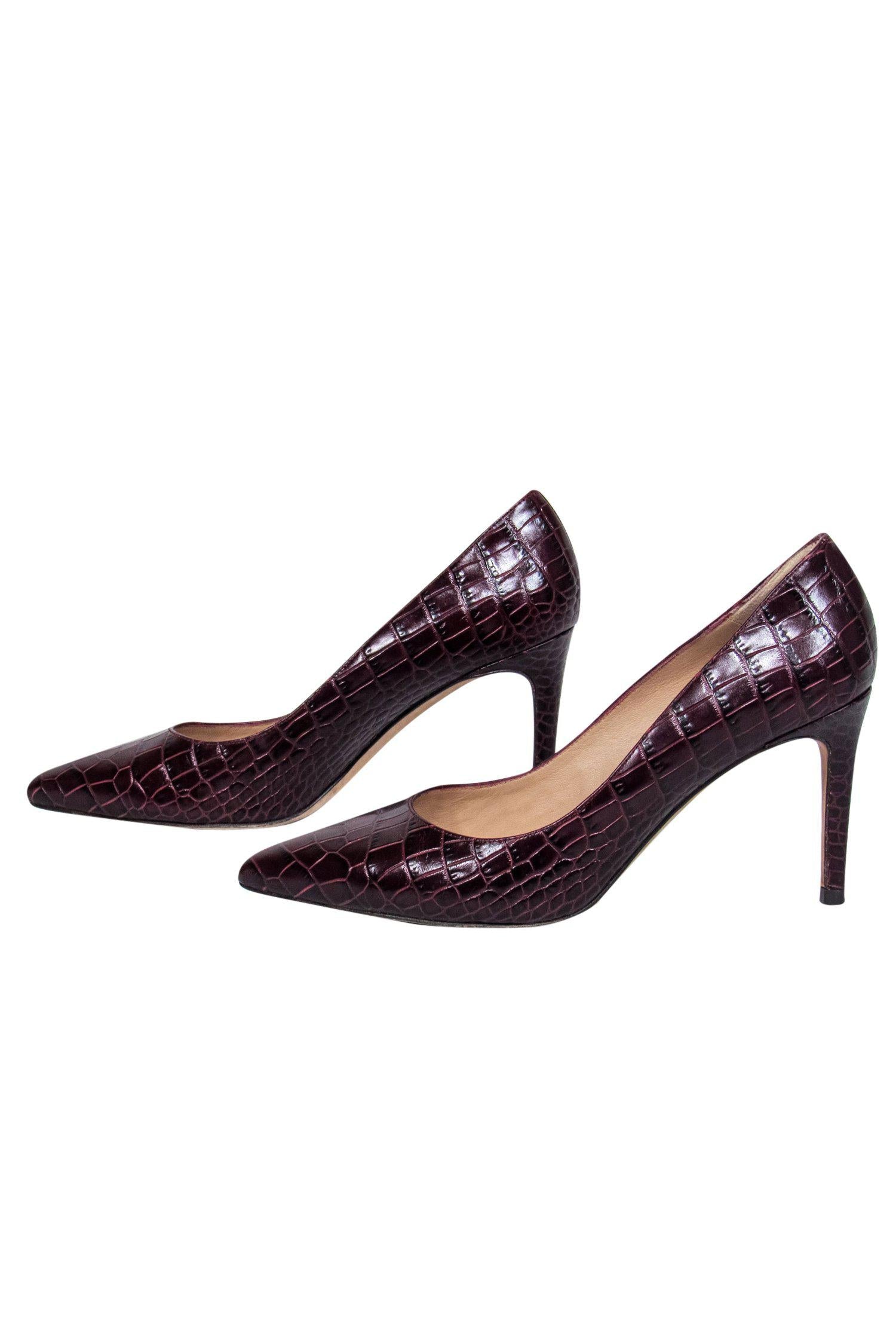 L.K. Bennett Maroon Crocodile-Embossed Pointed-Toe Pumps - Size 10