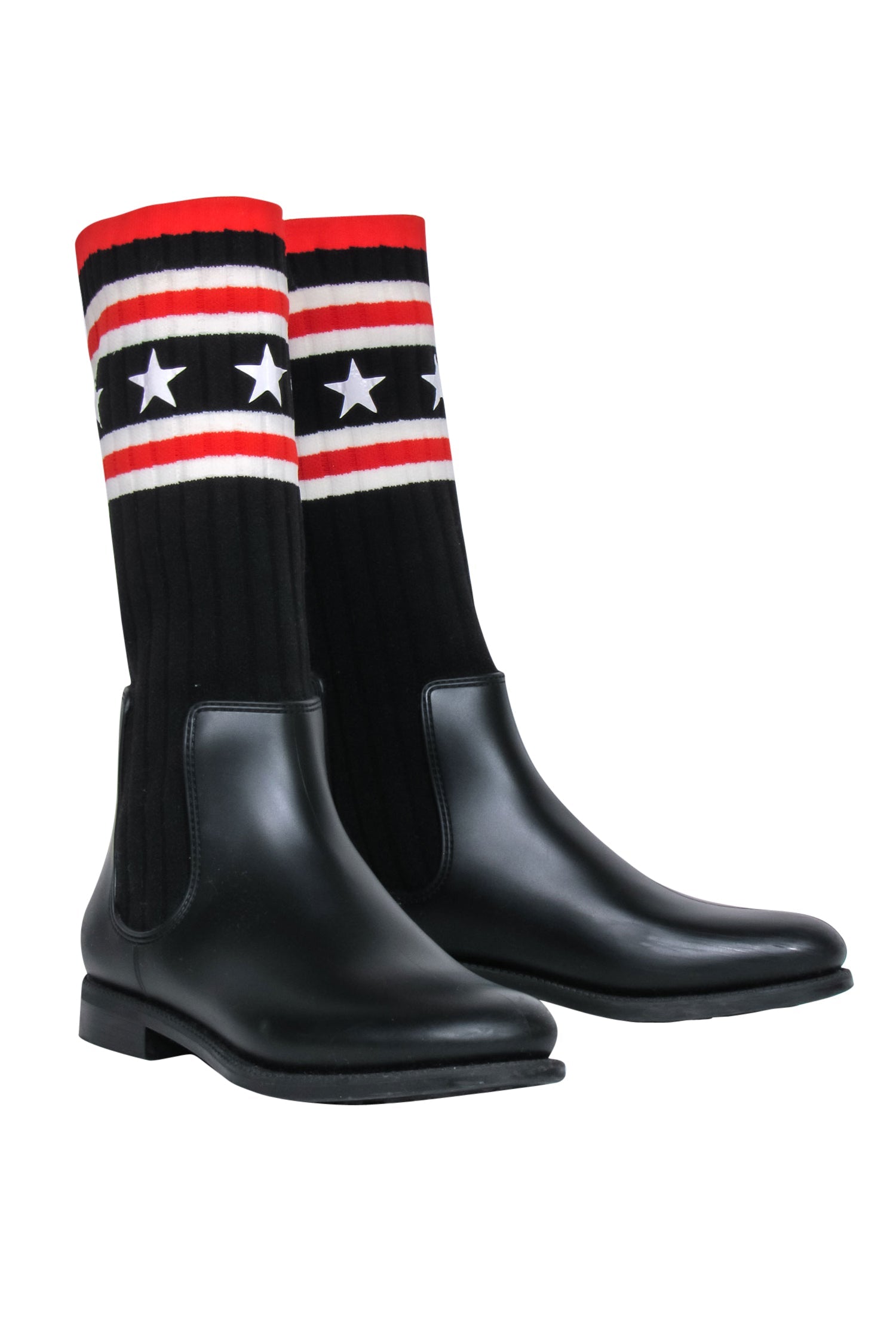 Givenchy - Stunning Black Rubber & Ribbed Sock-Style Boots with Stars & Stripes Print, Size 8