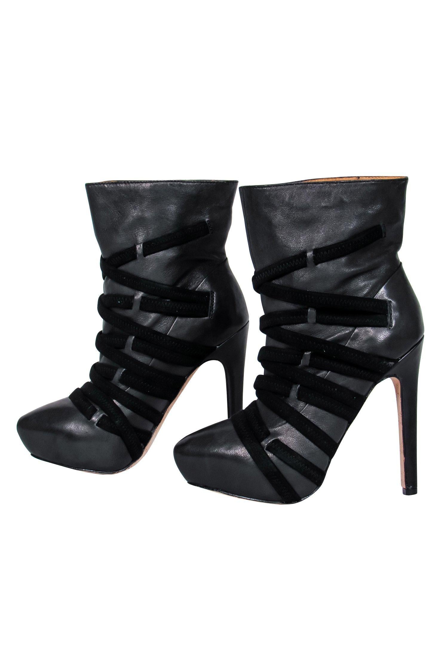 L.A.M.B. Black Leather Crisscross Platform Stiletto Ankle Booties - Size 6