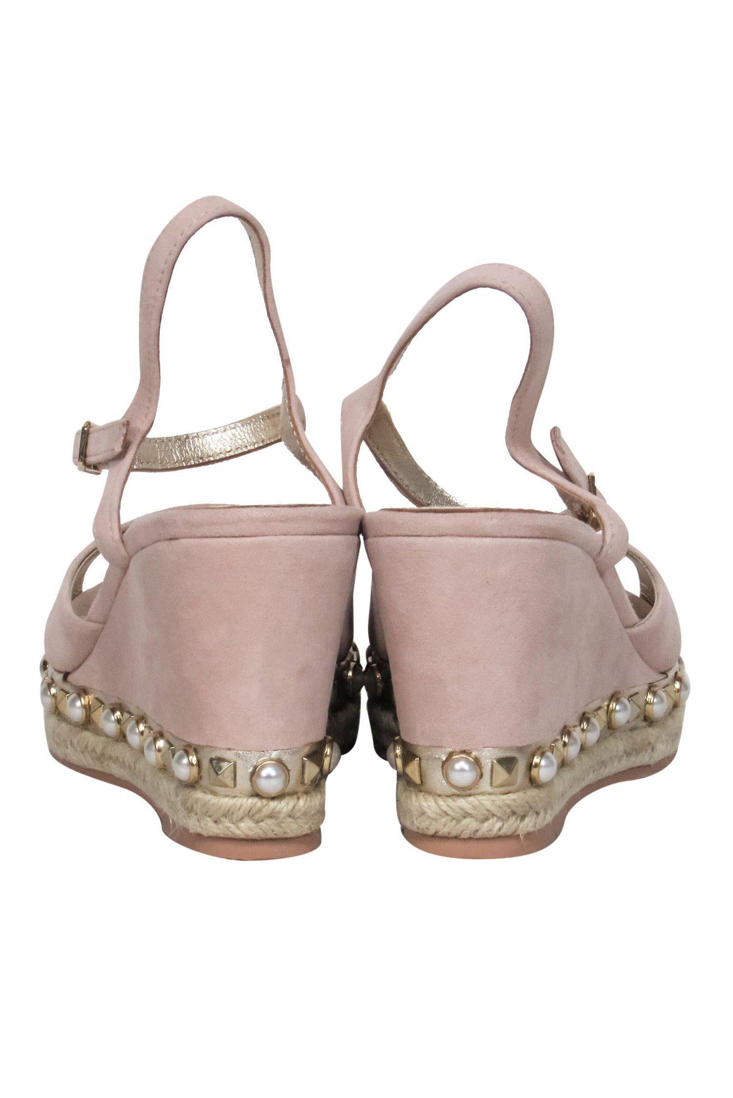 Lilly Pulitzer's Sparkling Beige Suede Peep - Toe Wedges with Pearls and Studs, Size 7
