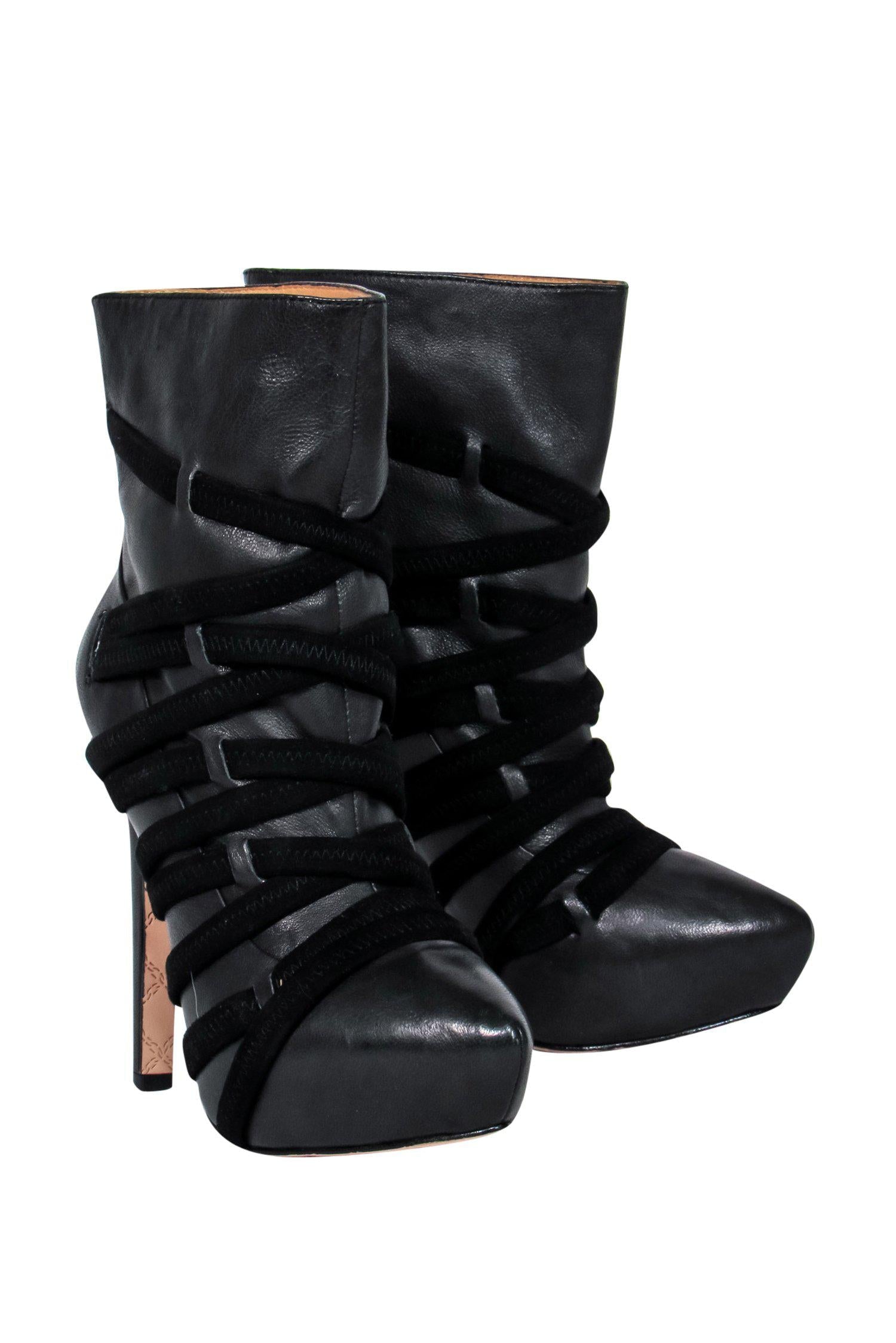 L.A.M.B. Black Leather Crisscross Platform Stiletto Ankle Booties - Size 6