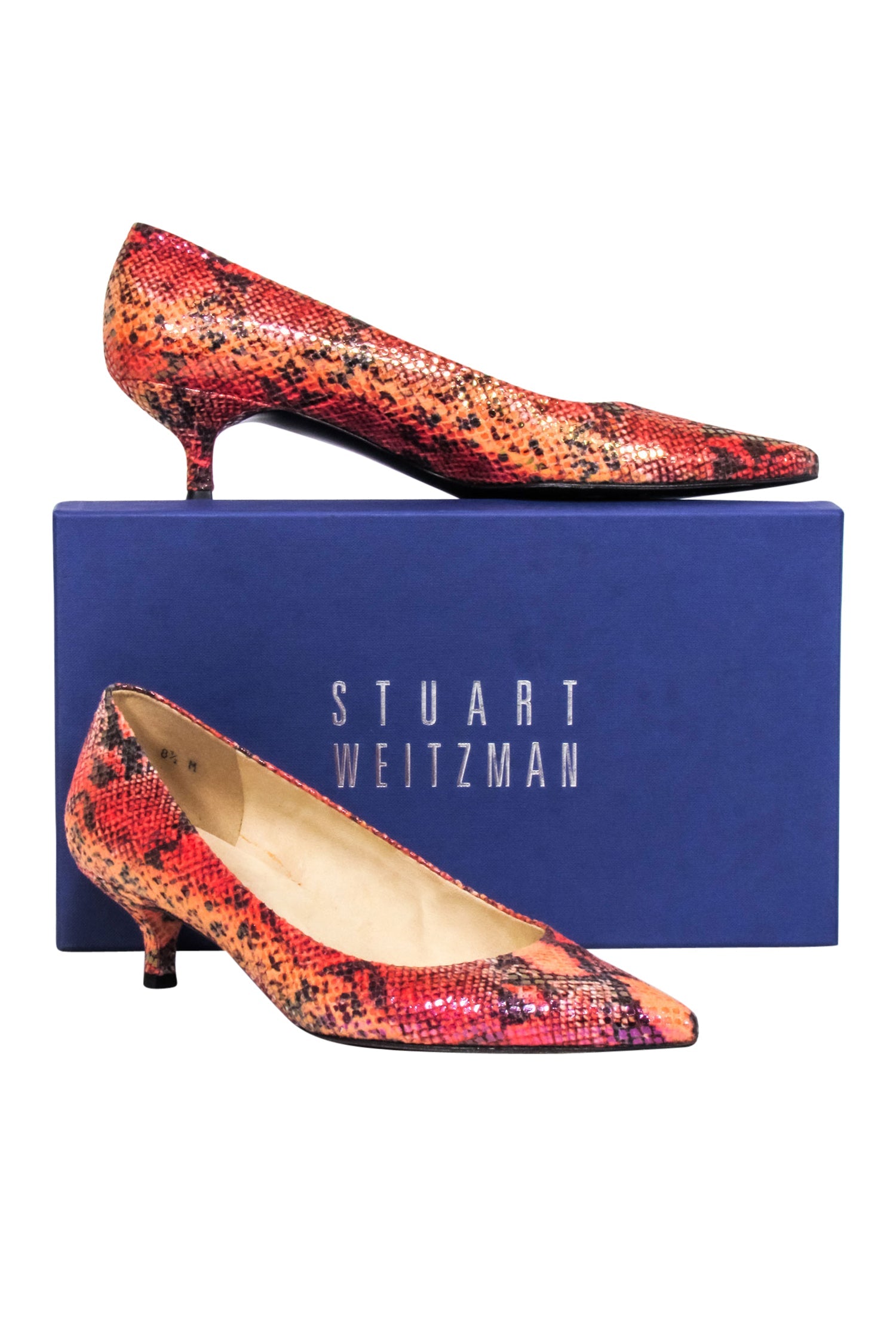 Stuart Weitzman - Fiery Orange & Pink Snakeskin Print Kitten Heels, Size 8.5