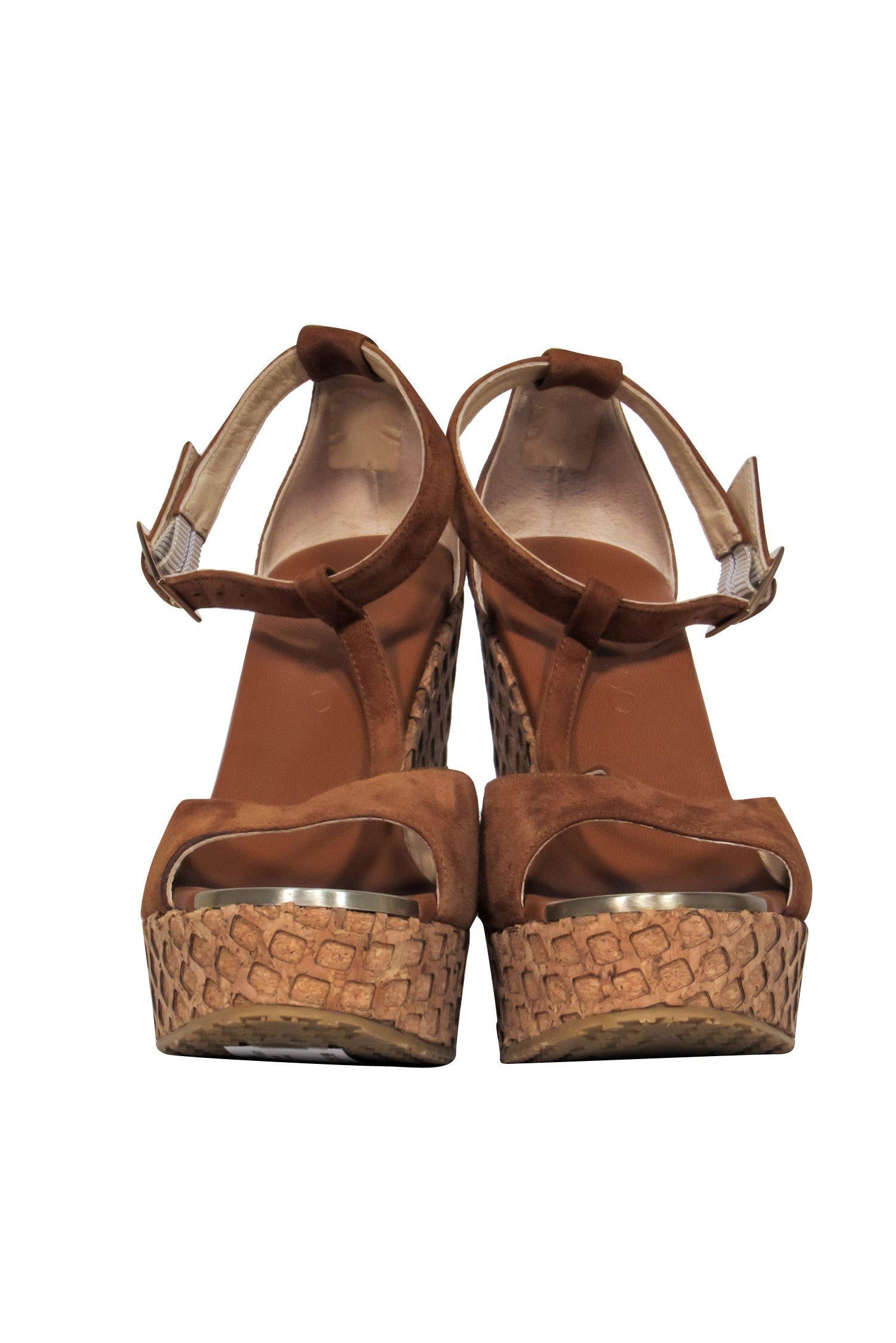 Jimmy Choo Brown Suede Peep - Toe T - Strap Textured Cork Wedges in Size 7.5: Island - Getaway Must - Haves